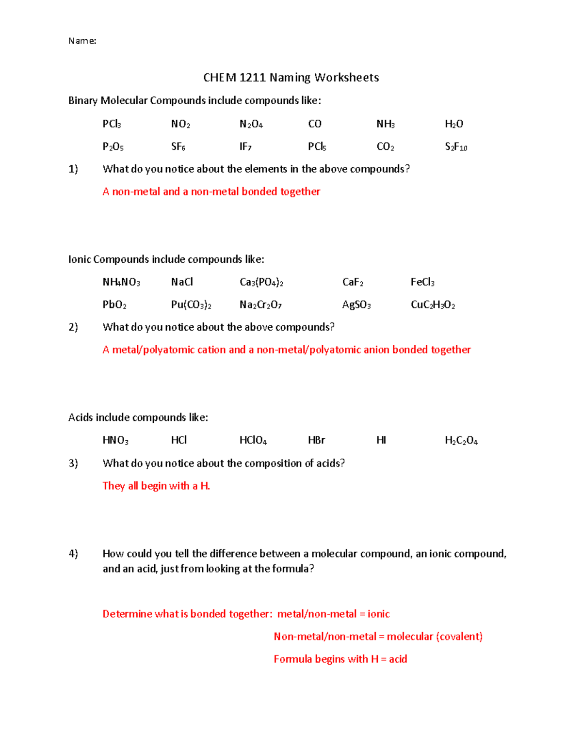 Naming Worksheets Rubric - CHEM 1211 Naming Worksheets Binary Molecular ...