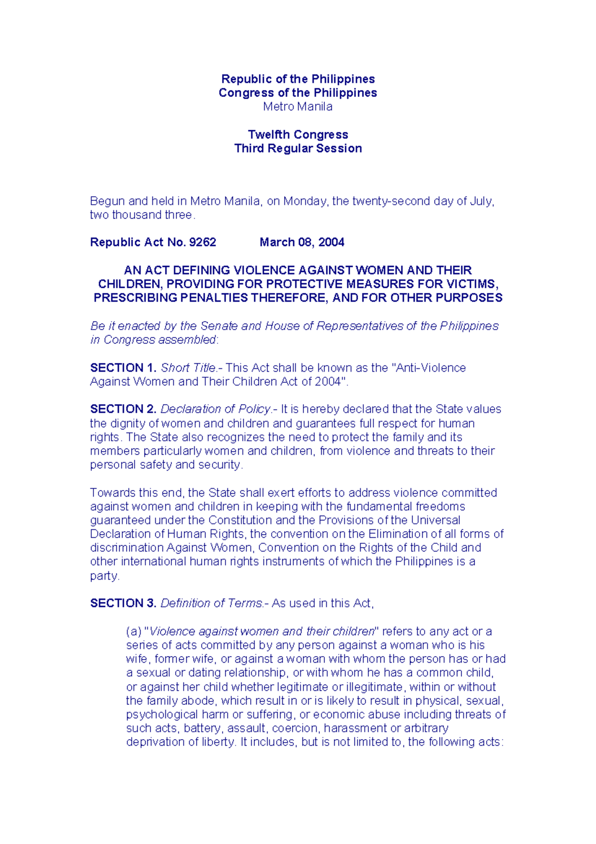 RA 9262 Anti VAWC Act - Summaries - Republic of the Philippines ...