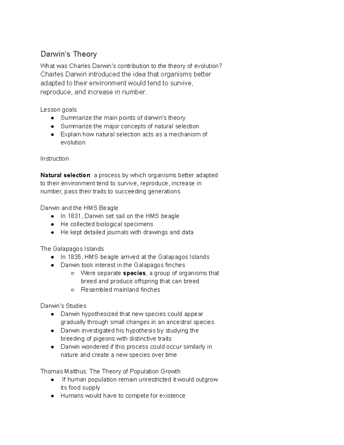 Biology B Notes - Darwin’s Theory What Was Charles Darwin’s ...