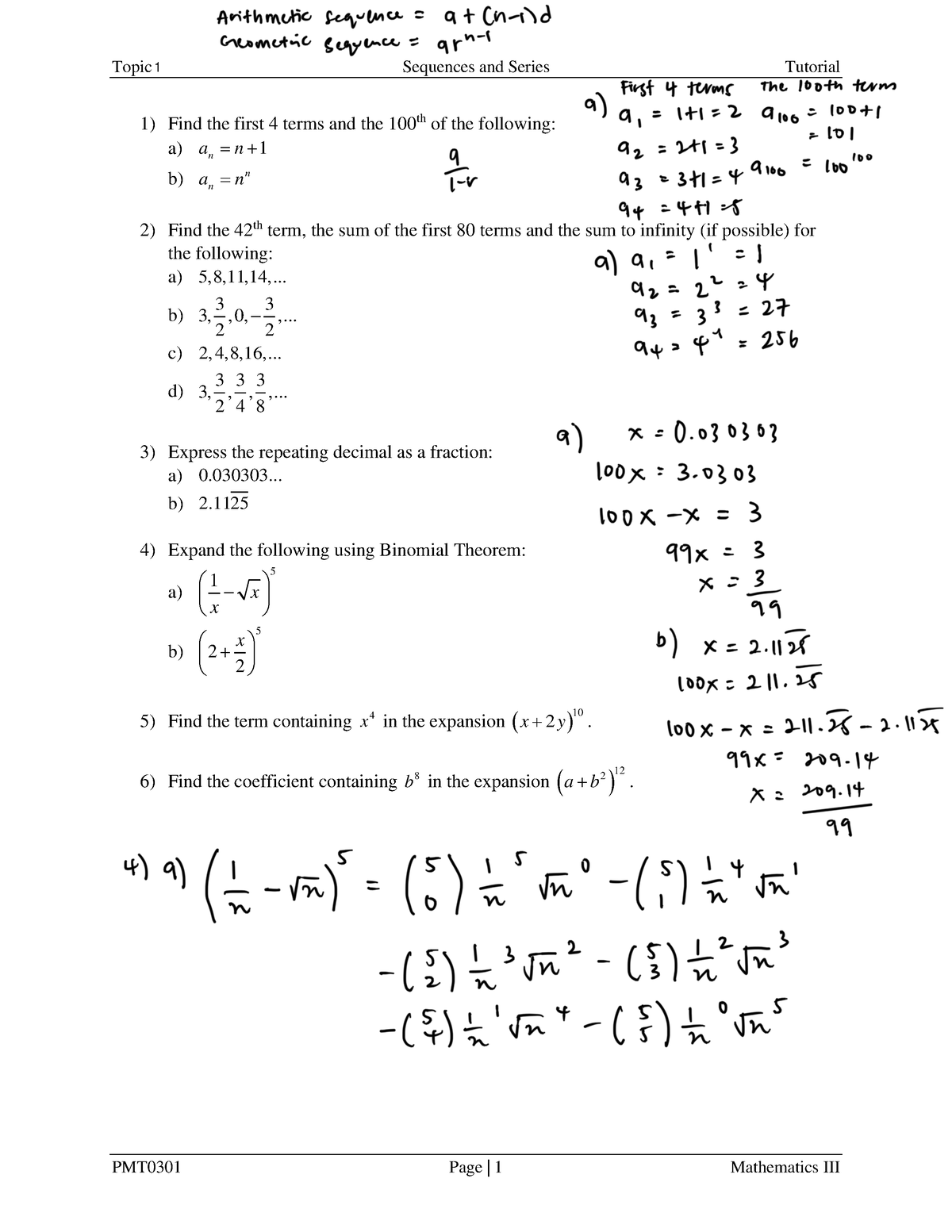 Tutorial 1 Sequence and Series - Topic 3 Sequences and Series Tutorial ...