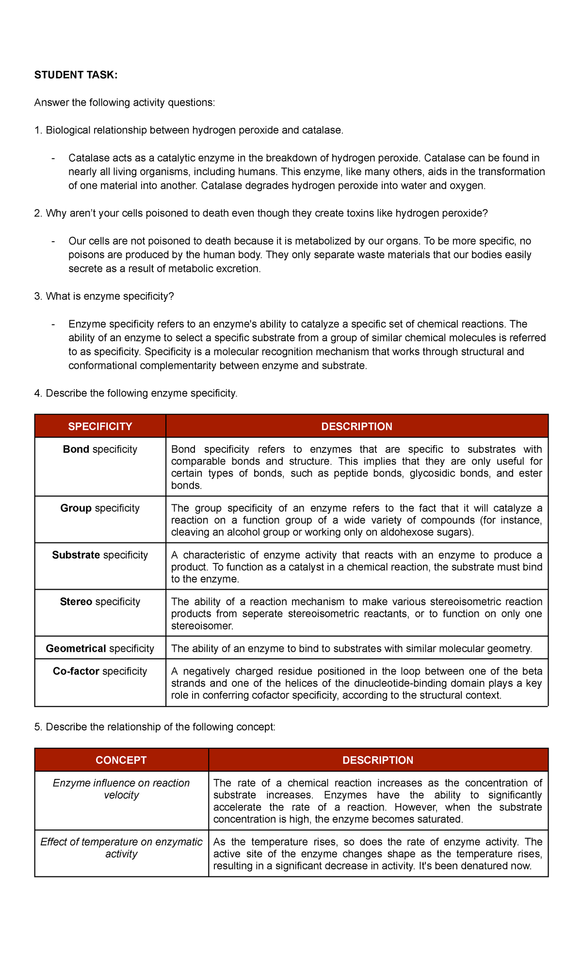 Enzymes Questions STUDENT TASK Answer the following activity