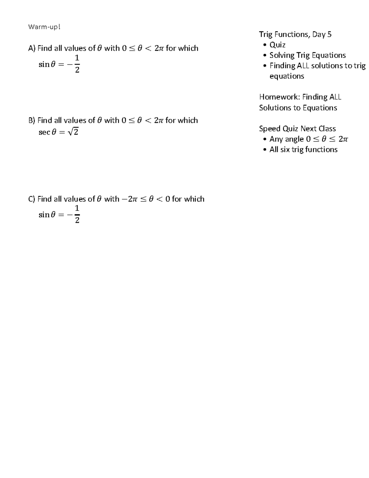 Day 5 Find ALL Solutions Solving Trig Equations Notes Blank - Trig ...