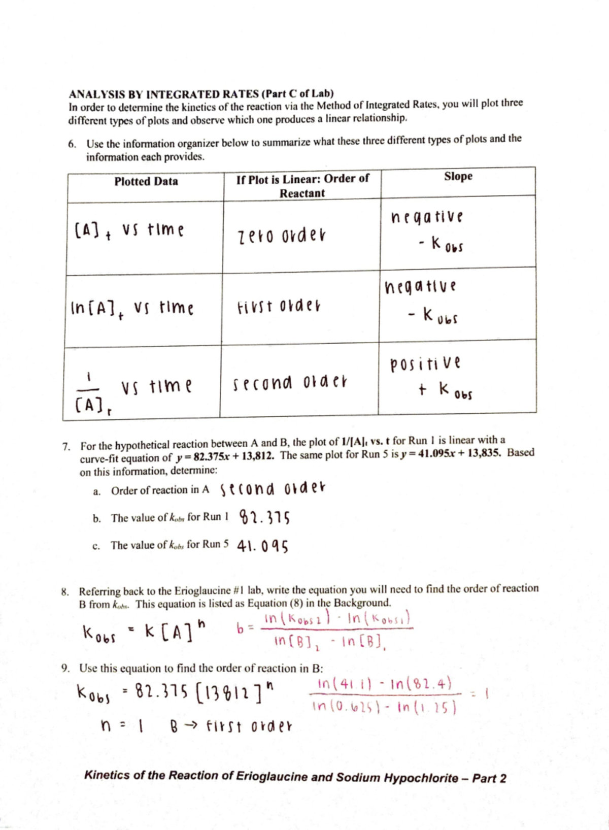 Lab 3: Kinetics of Erioglaucine with Sodium Hypochlorite Part 2 - AN ...