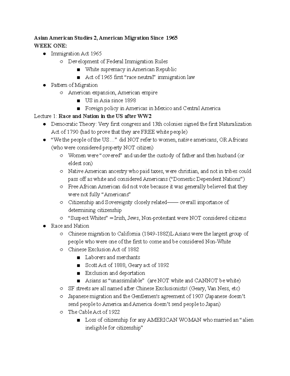 ASAM 2 Notes - Professor John Park - Asian American Studies 2, American ...