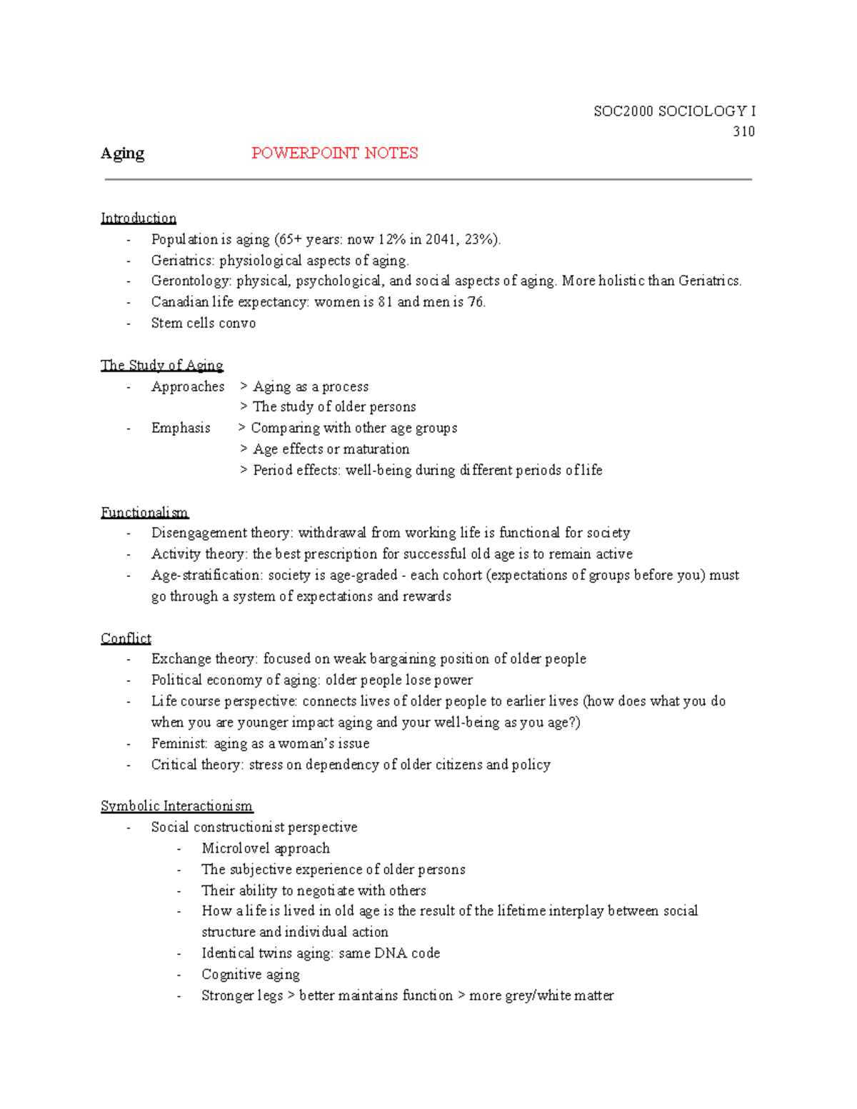 W8 Notes - SOC2000 SOCIOLOGY I 310 Aging POWERPOINT NOTES Introduction ...