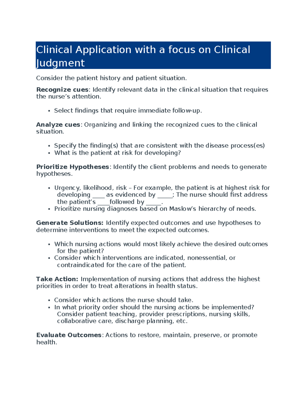 Nr Week Lesson Clinical Application With A Focus On Clinical Judgment Consider The