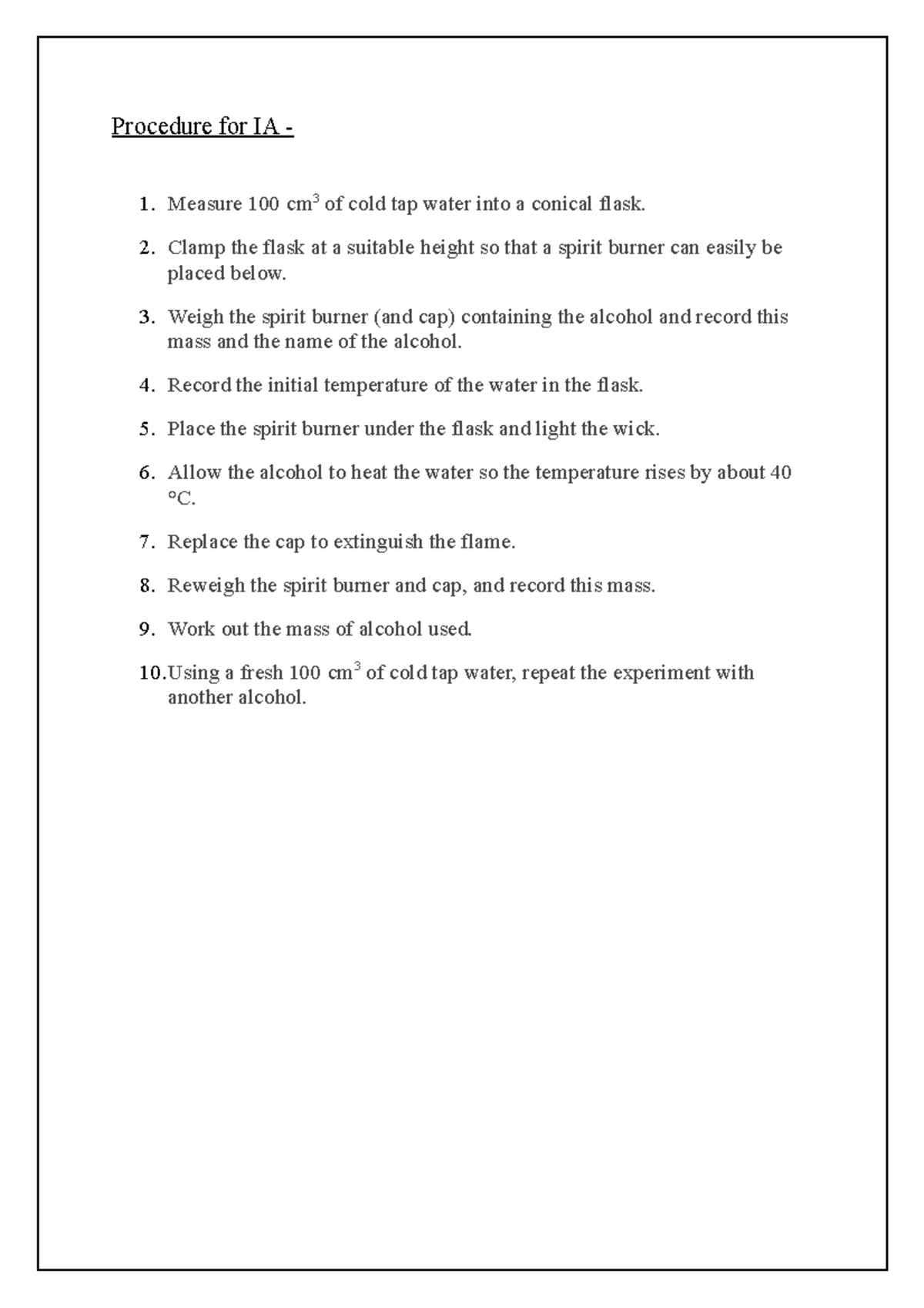 procedure-for-experiment-procedure-for-ia-measure-100-cm-3-of-cold