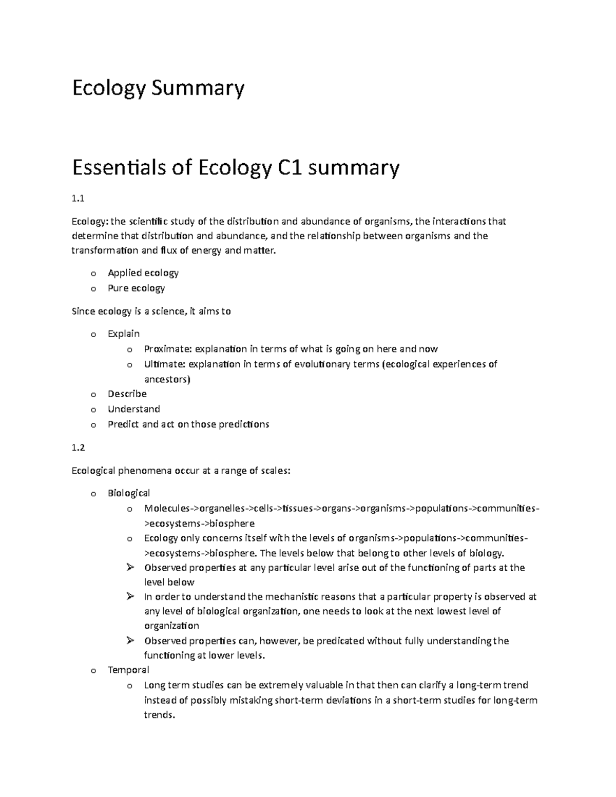 Ecology Summary - Ecology Summary Essentials Of Ecology C1 Summary 1 ...