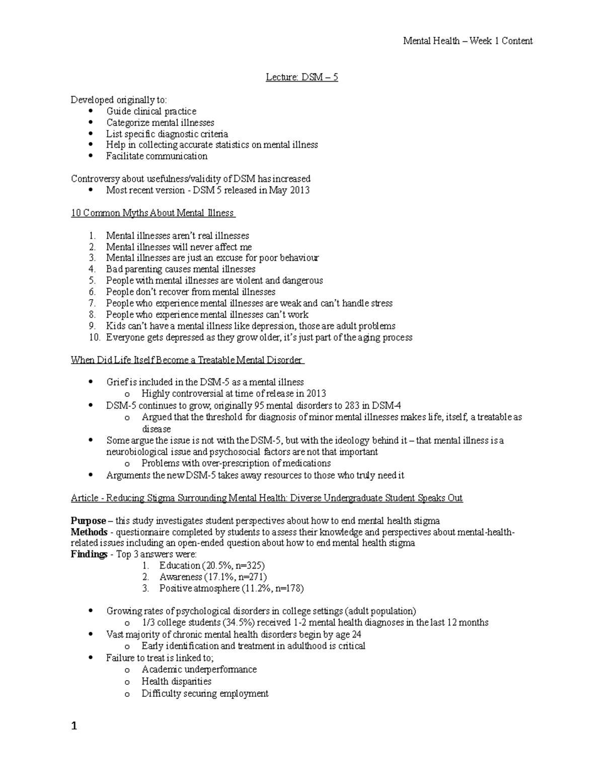 Week 1 Content Mental Health - Lecture: DSM – 5 Developed originally to ...