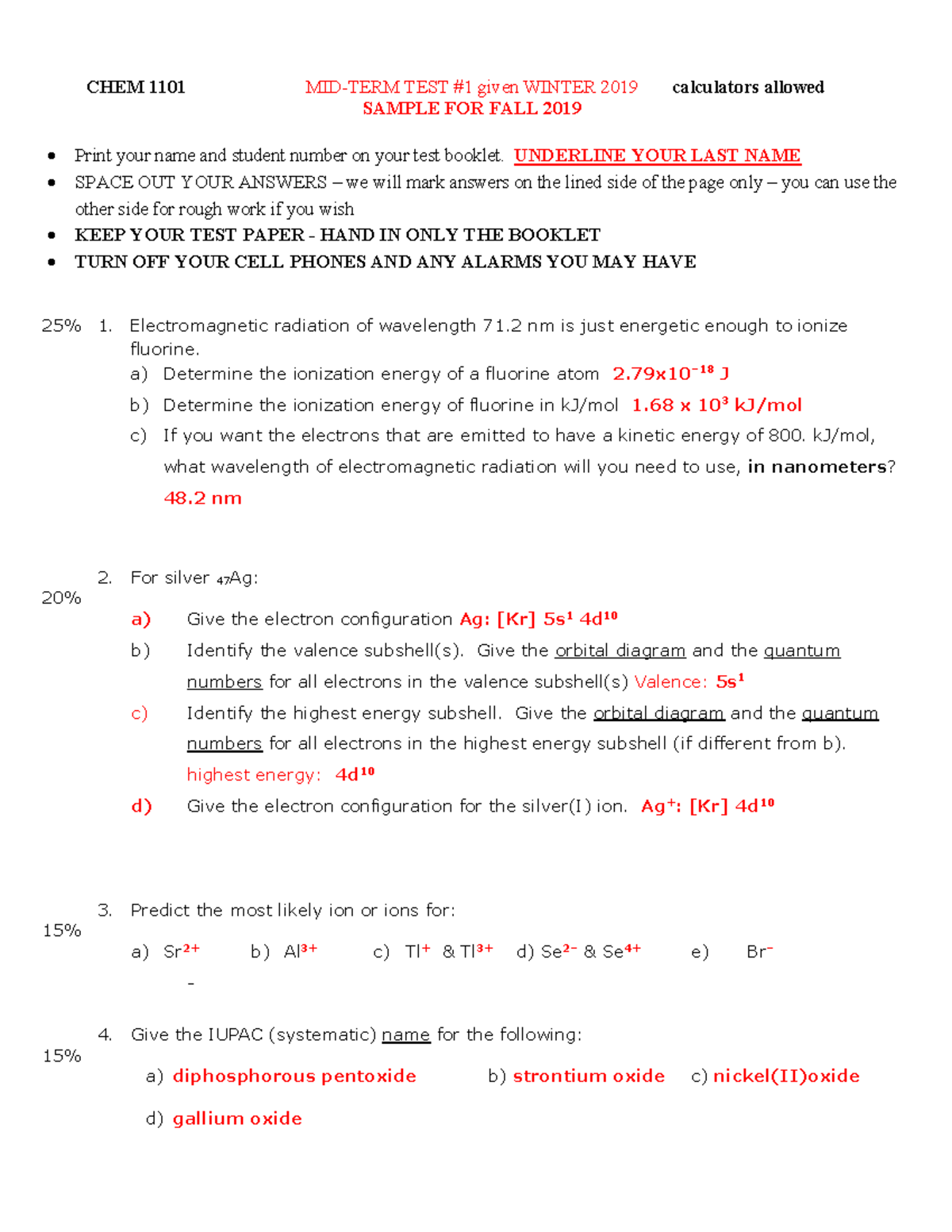 Sample Mid Term 1 Answers CHEM 1101 MIDTERM TEST 1 given WINTER