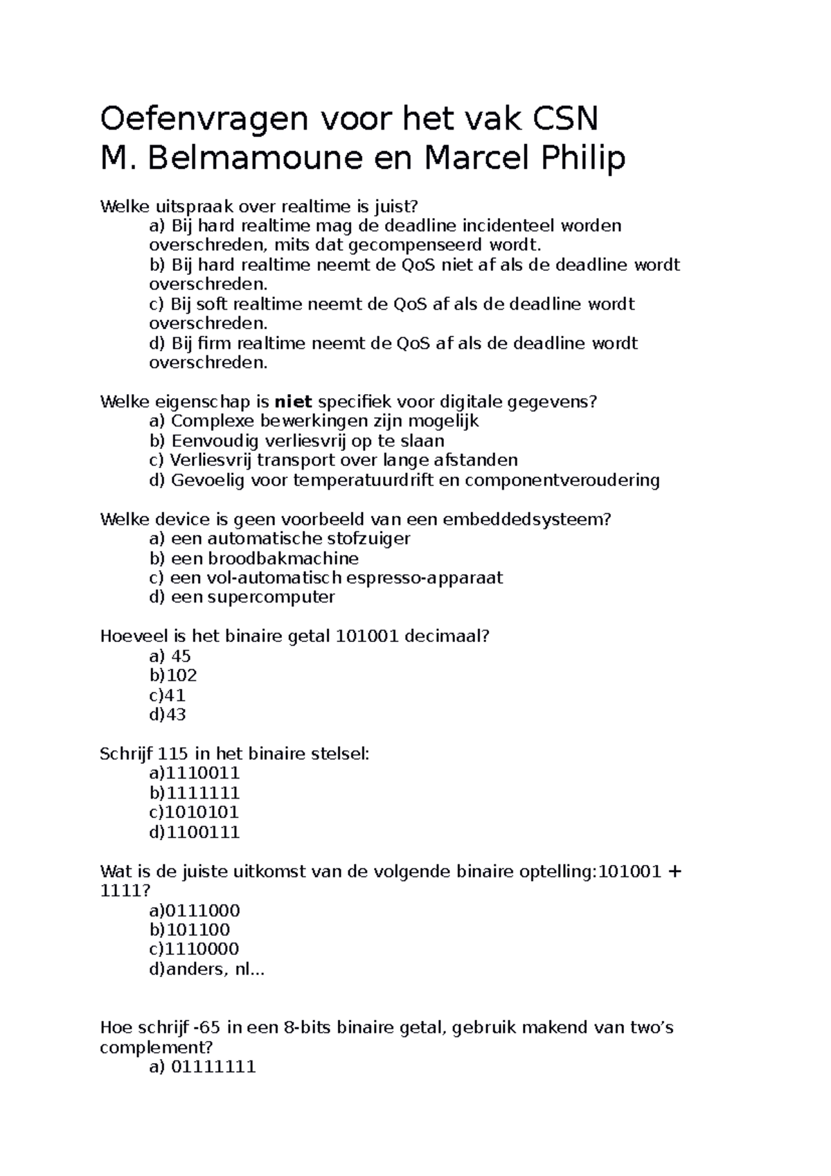 Oefenvragen Computersystemen Oefenvragen Voor Het Vak Csn M