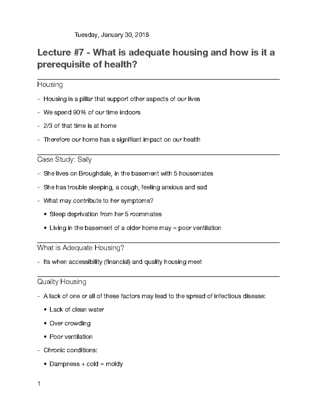 Lecture 7 What is adequate housing and how is it a prerequisite of health Tuesday, January