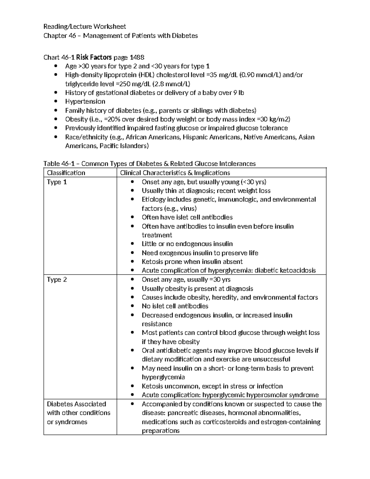 Reading Lecture Worksheet Chapter 46 Management of Patients with