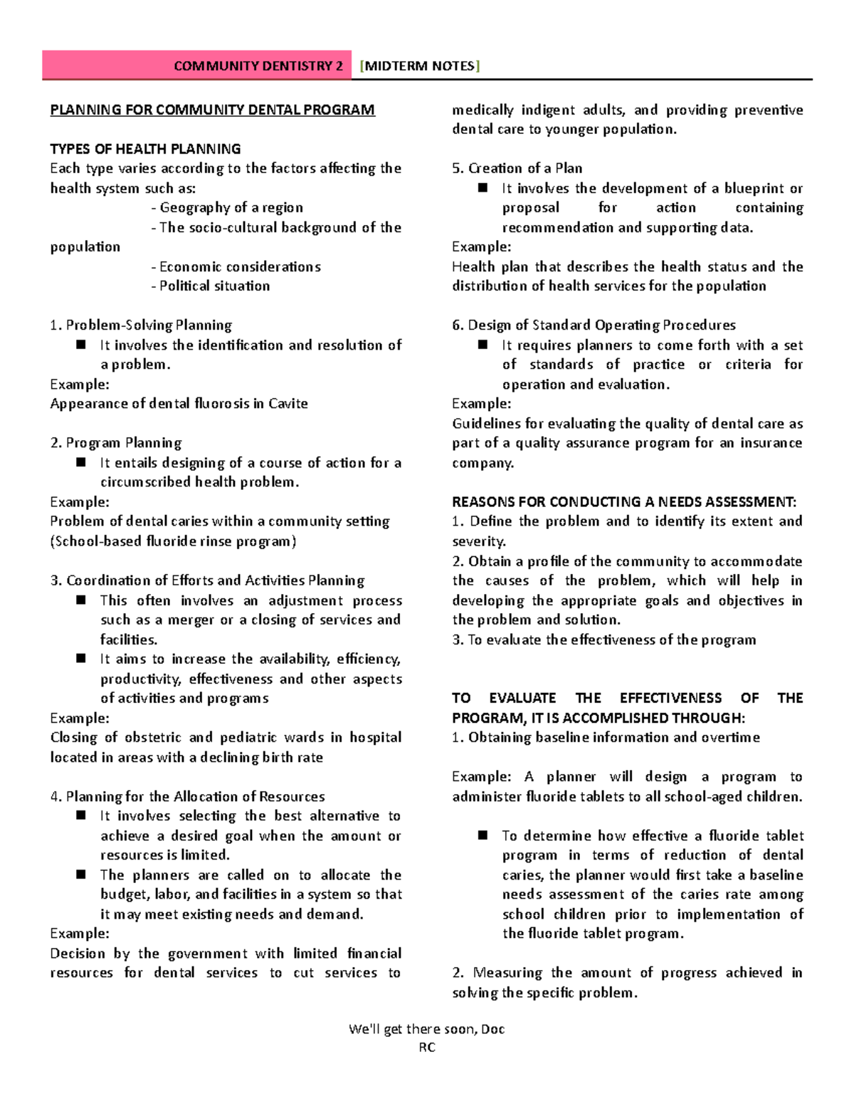 Community Dentistry II Midterm Notes PLANNING FOR COMMUNITY DENTAL