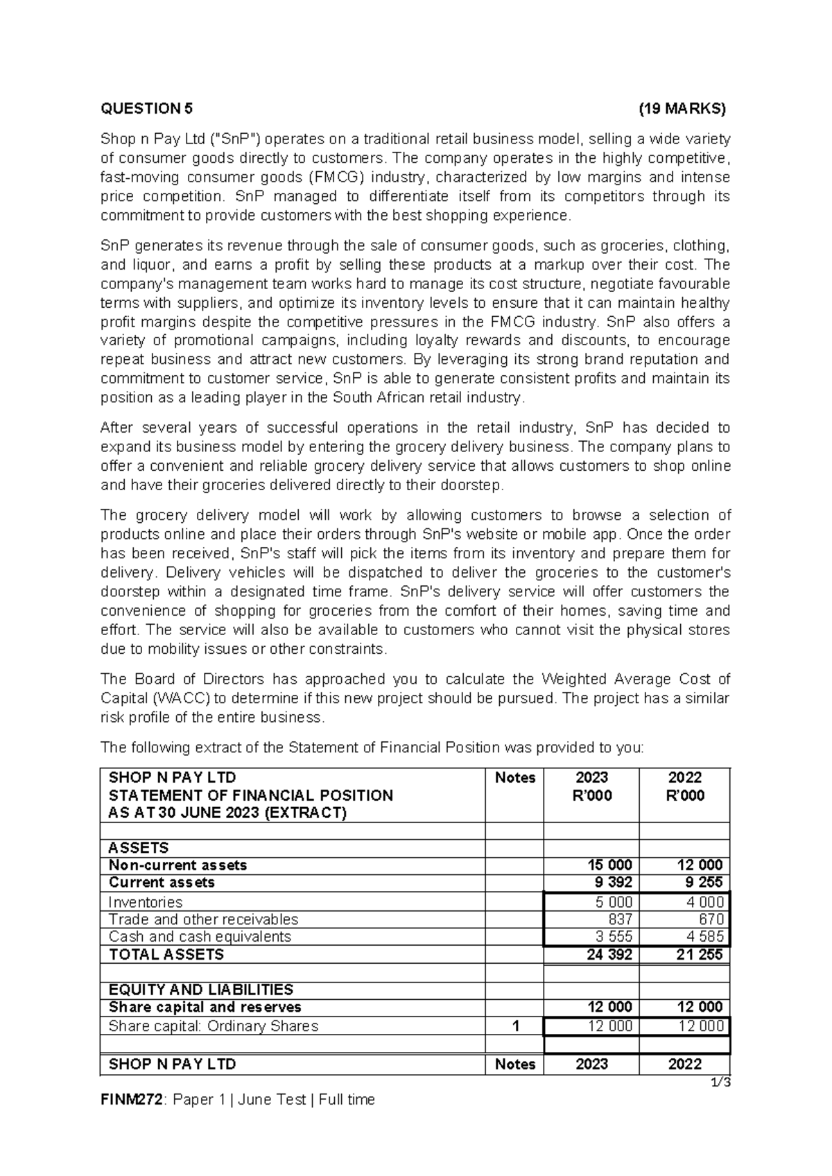 Tutorial+question+2+-+WACC - 1 / 3 FINM272: Paper 1 | June Test | Full ...