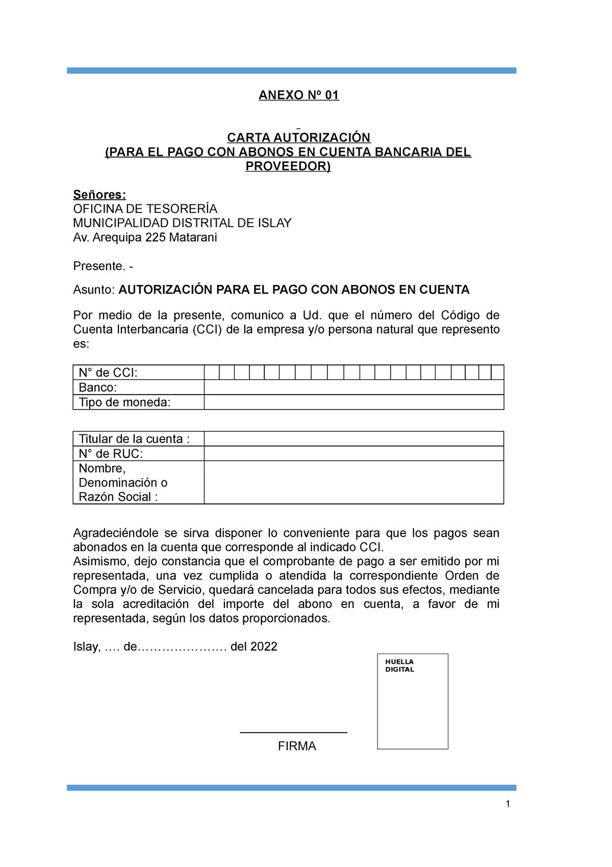 Carta Autorizacion Cci Mdi - ANEXO Nº 01 CARTA AUTORIZACIÓN (PARA EL ...