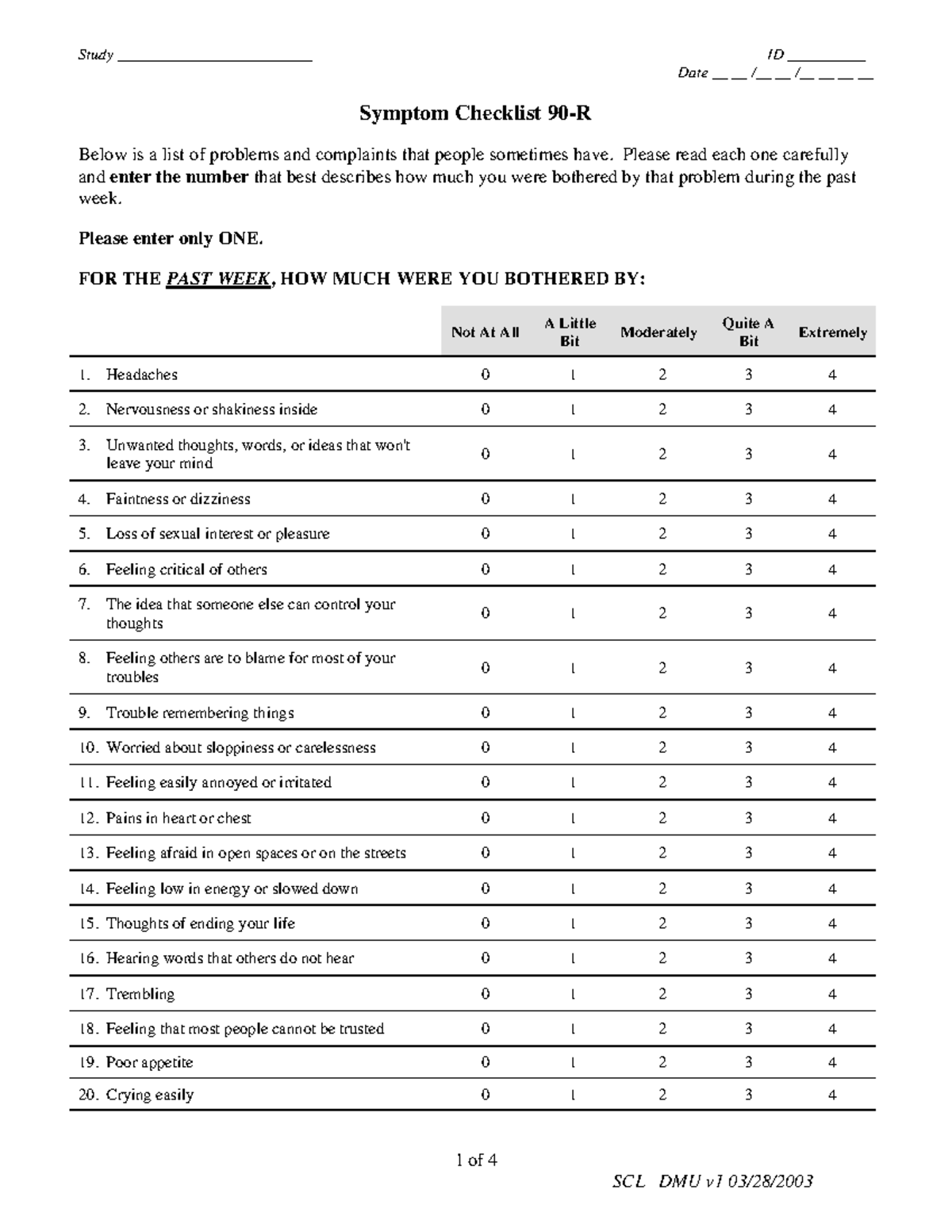 Symptom checklist - Date __ __ /__ __ /__ __ __ __ 1 of 4 Symptom ...