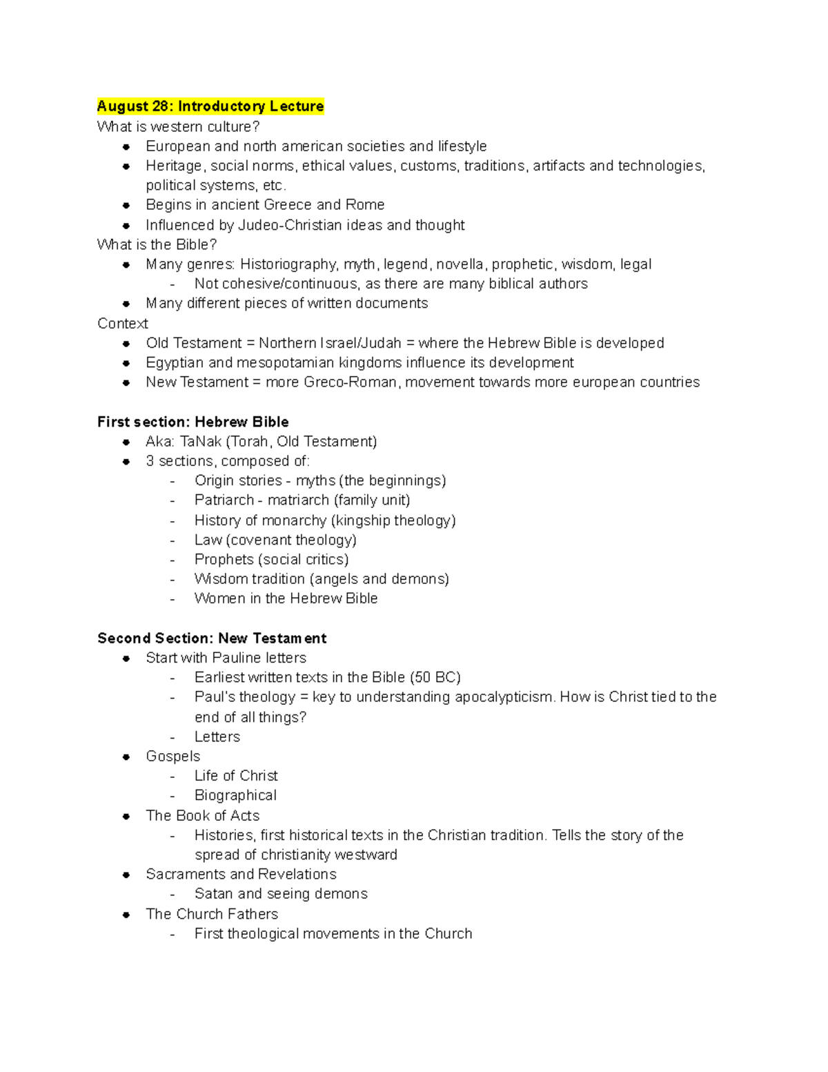 RELG 203 - Notes - Taken with Amanda Rosini. Fall semester - August 28 ...