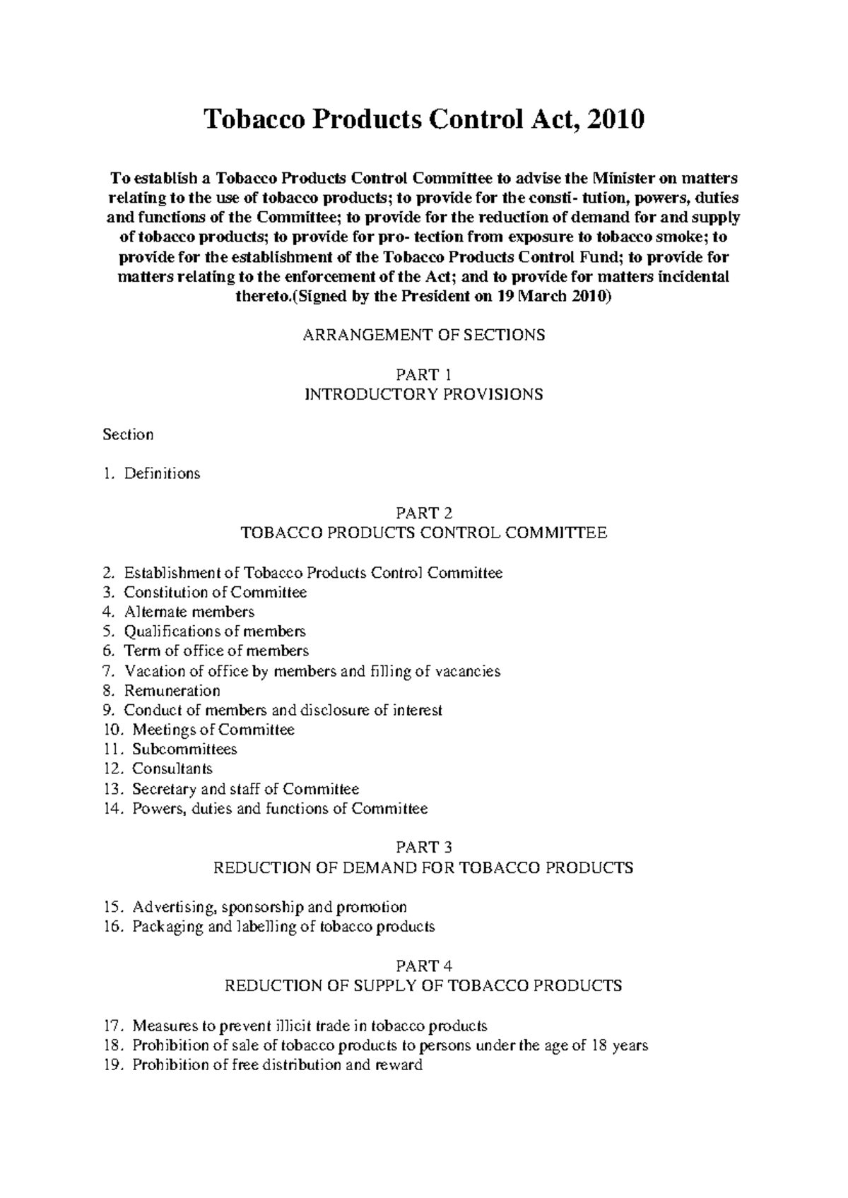 Tobacco Products Control Act 2010 (Signed by the President on 19