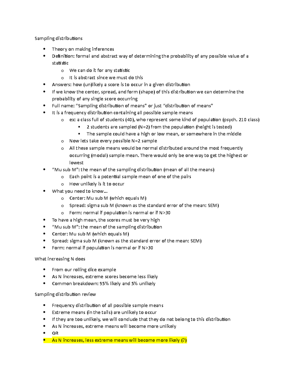 Psych 210 exam 3 notes PSYC 210 course Sampling distributions