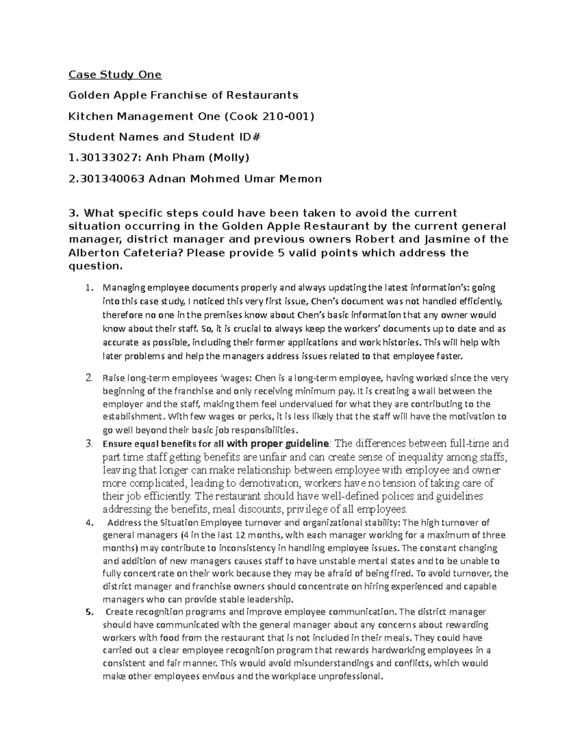 Case study 1 - Case Study One Golden Apple Franchise of Restaurants ...