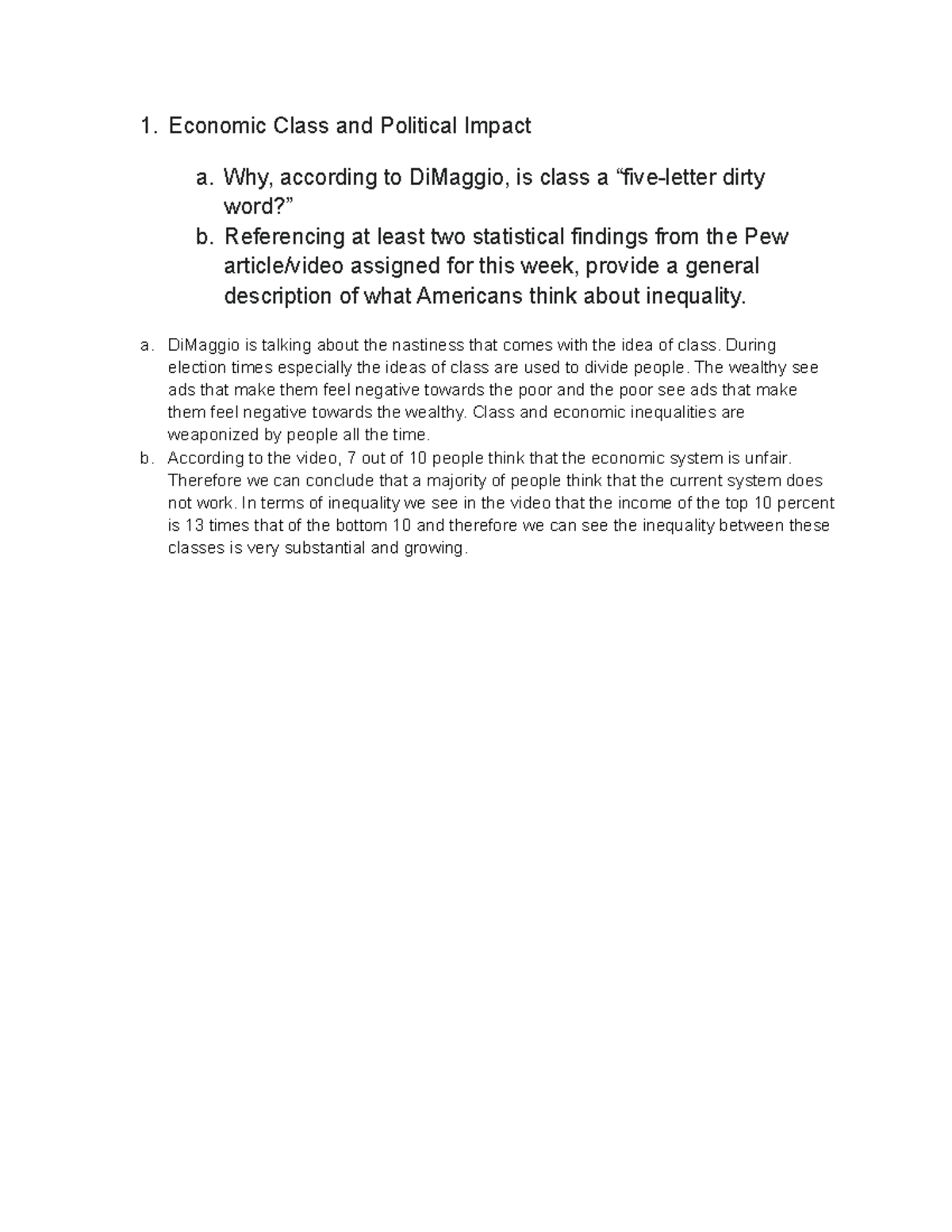 Week 11 Reading response 1. Economic Class and Political Impact a