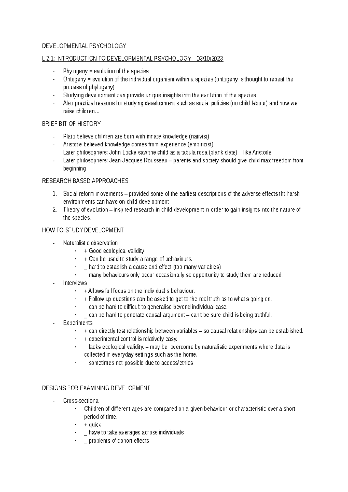 Developmetal psych lecrure nites - DEVELOPMENTAL PSYCHOLOGY L 2 ...