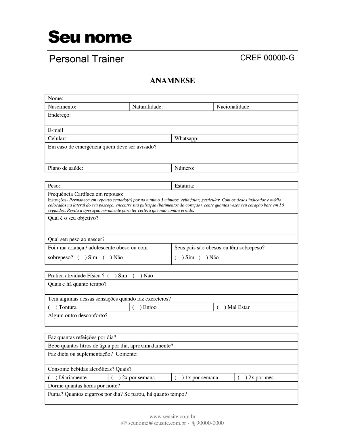 Ficha de Anamnese para Personal Trainer - 100% Personalizável