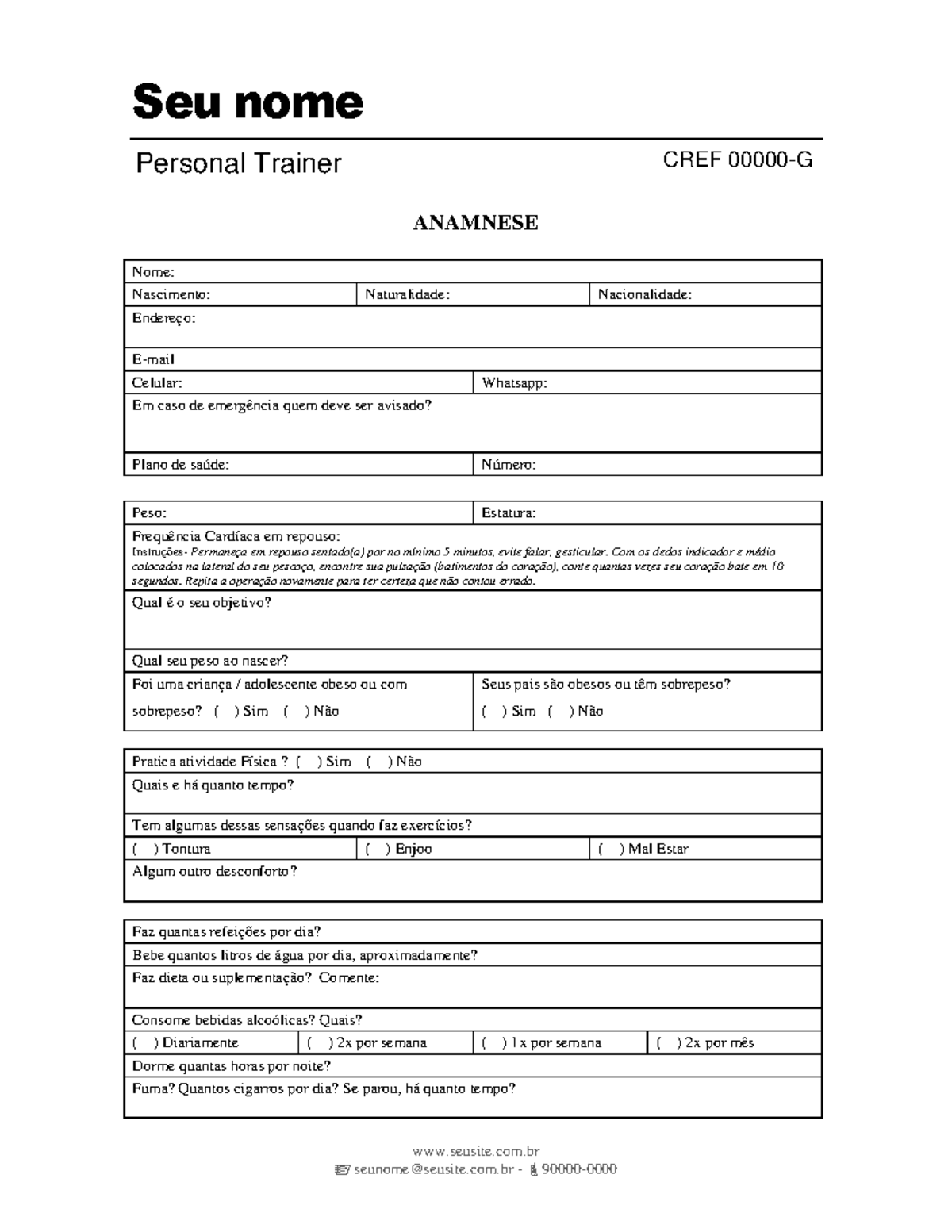 Bloco de Anamnese - Personal Trainer (Modelo 01)