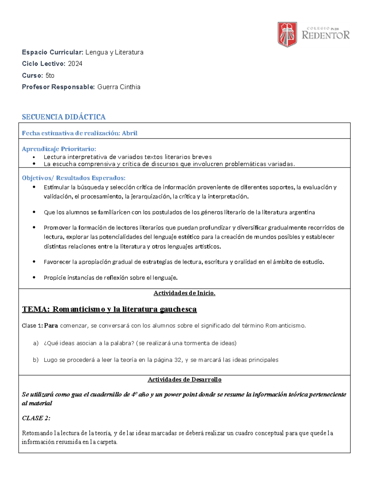 Secuencia Mayo 5to 2024 - Espacio Curricular: Lengua y Literatura Ciclo ...