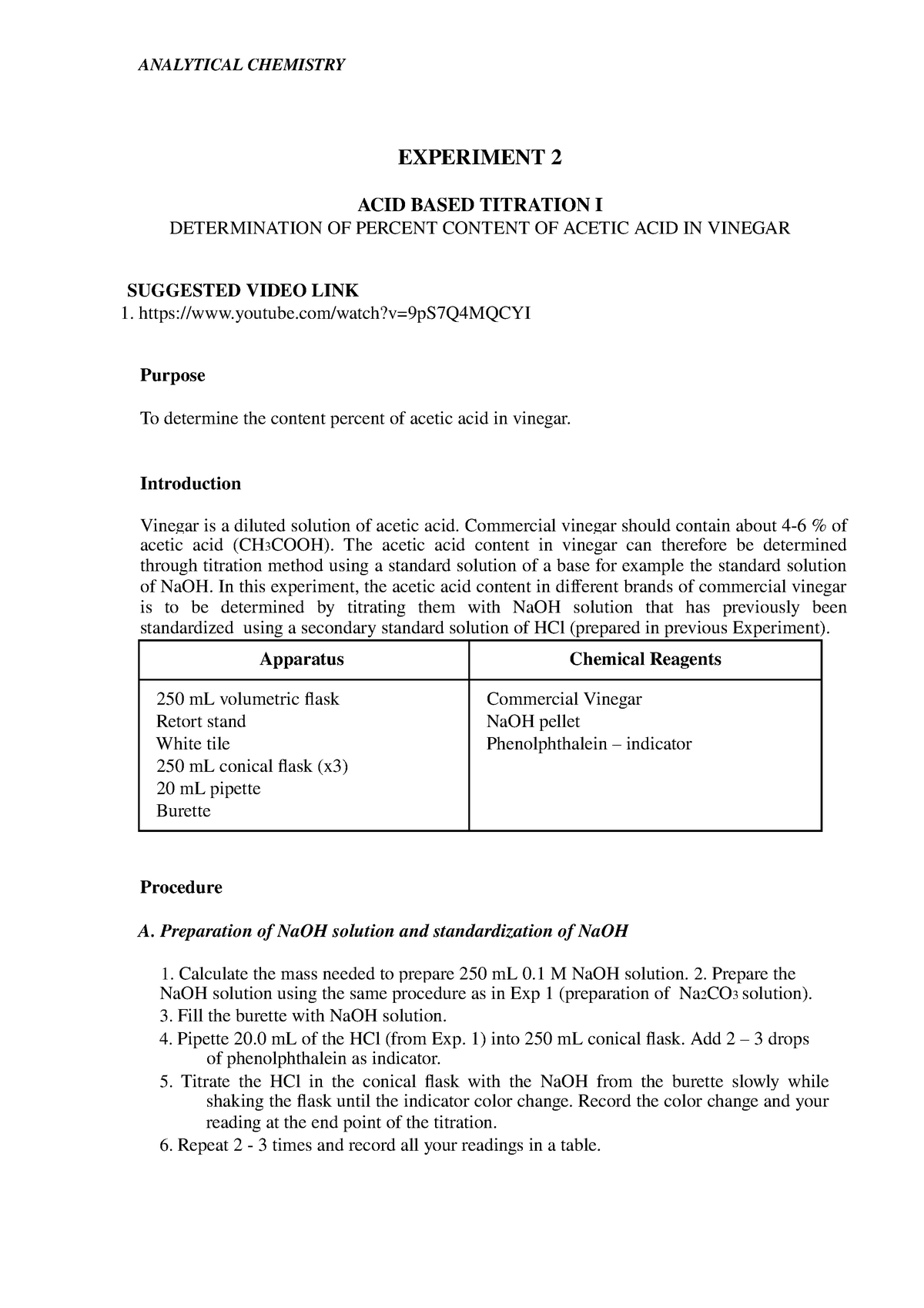 experiment 2 acid base titration matriculation lab report