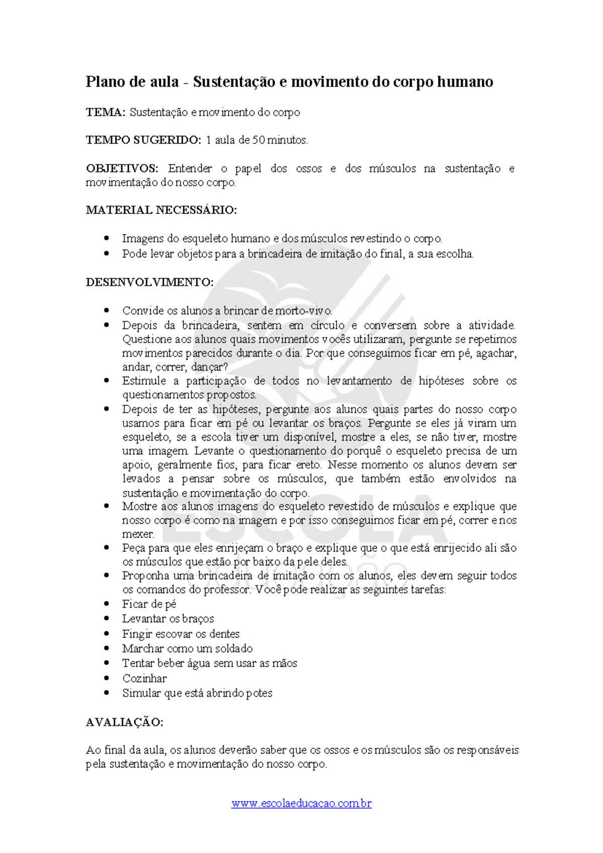 Plano de aula Plano de aula Sustentação e movimento do corpo humano 1º ...