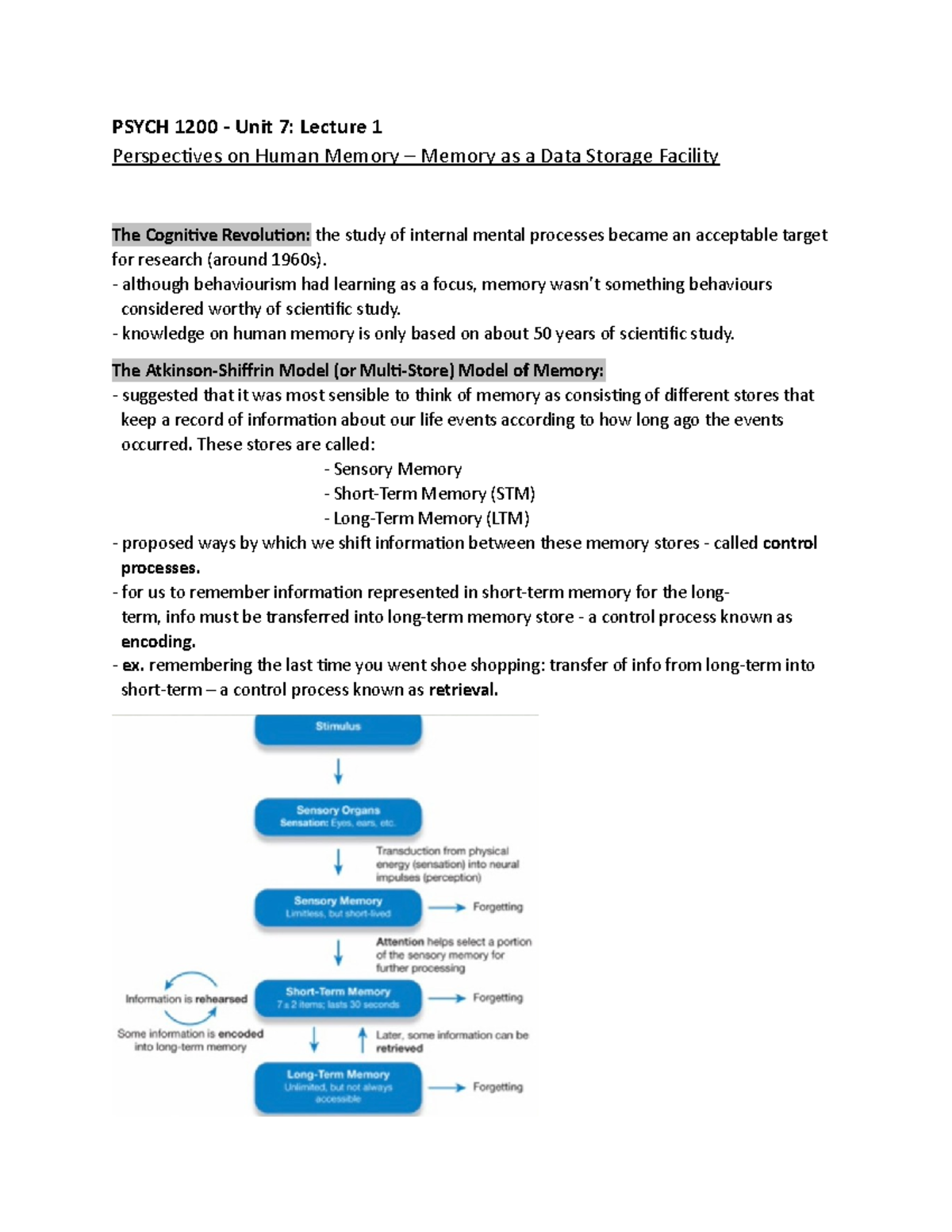 PSYC 1200 - Unit 7 Notes - PSYCH 1200 Unit 7: Lecture 1 Perspectives On ...