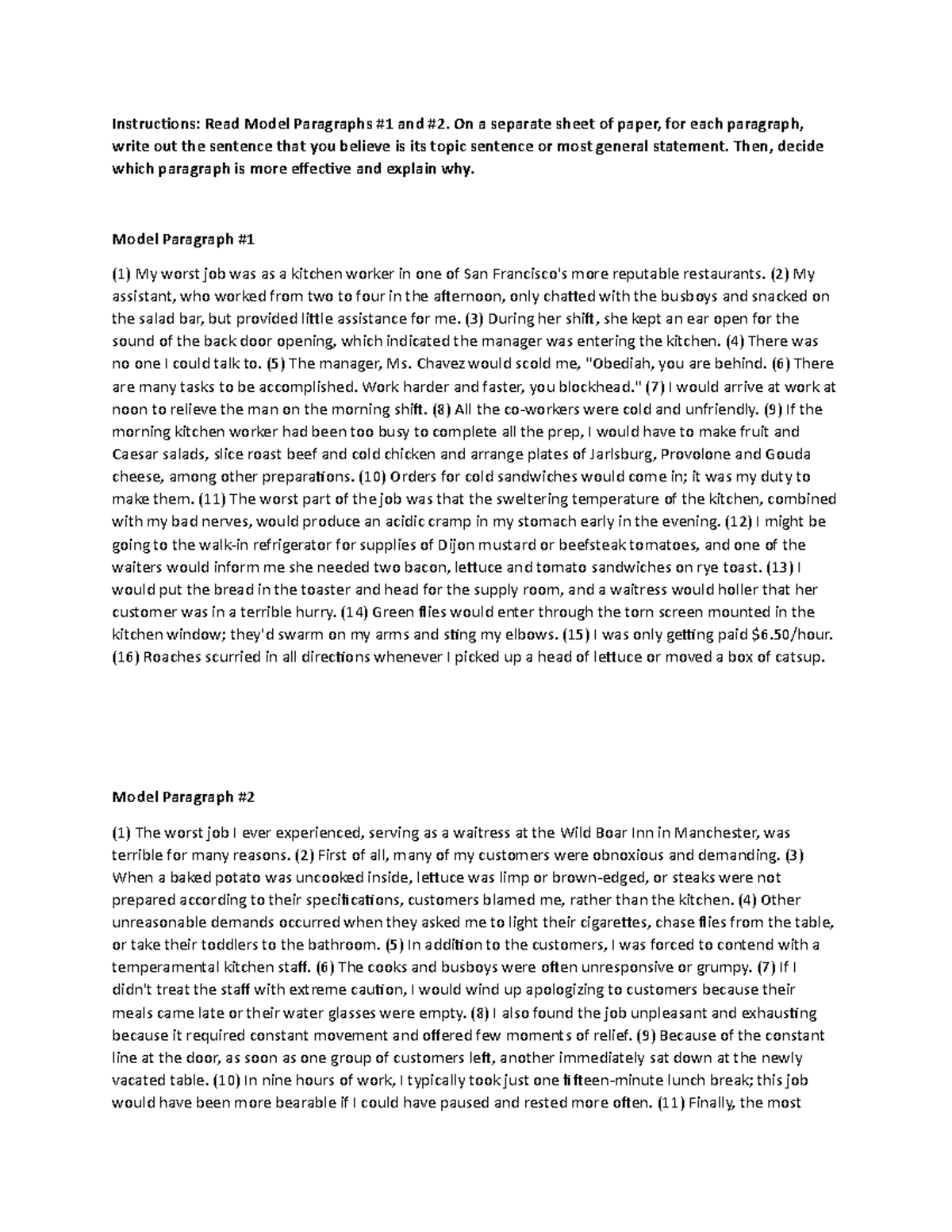 Exercise in coherence and topic sentence - Instructions: Read Model ...