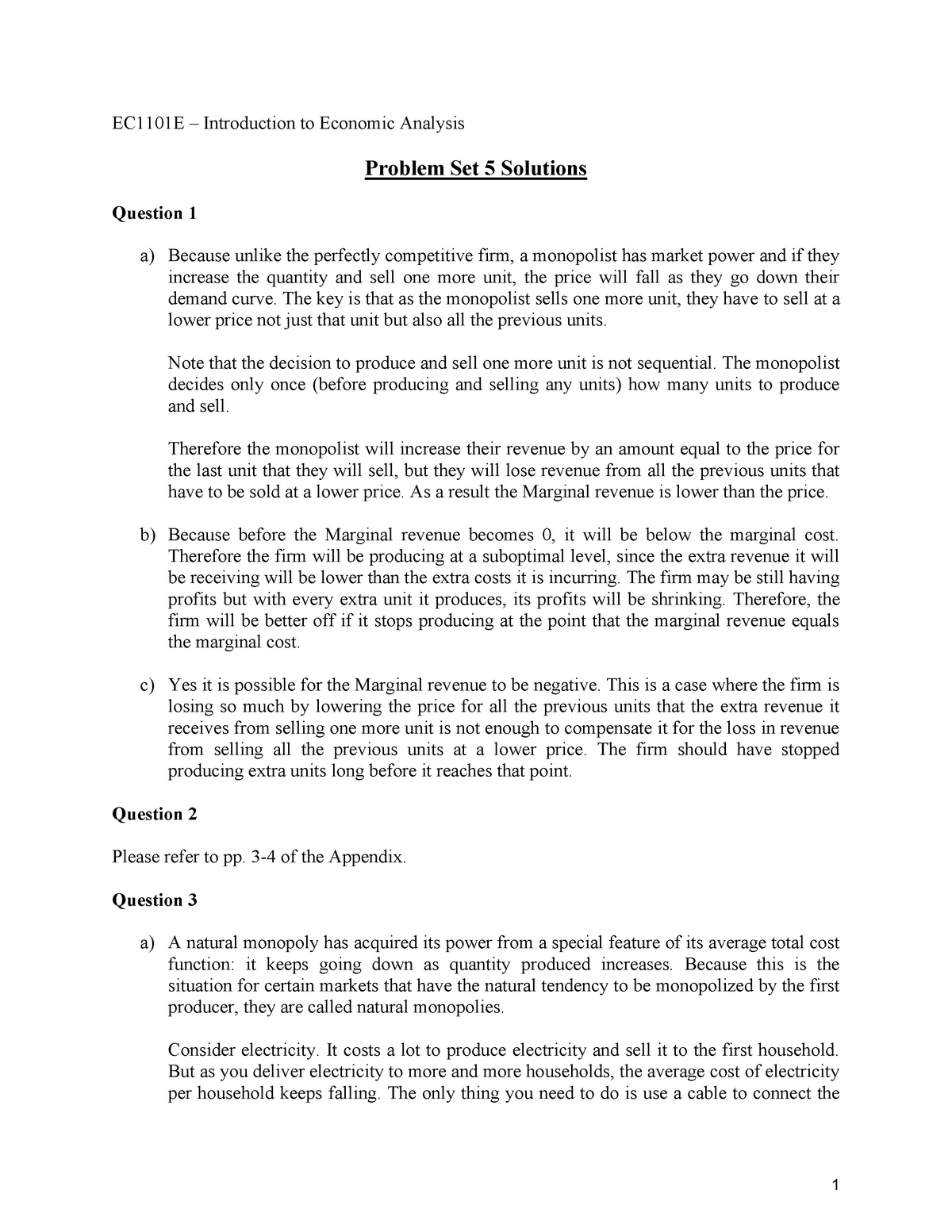 Problem Set 5 Solutions - EC1101E – Introduction To Economic Analysis ...