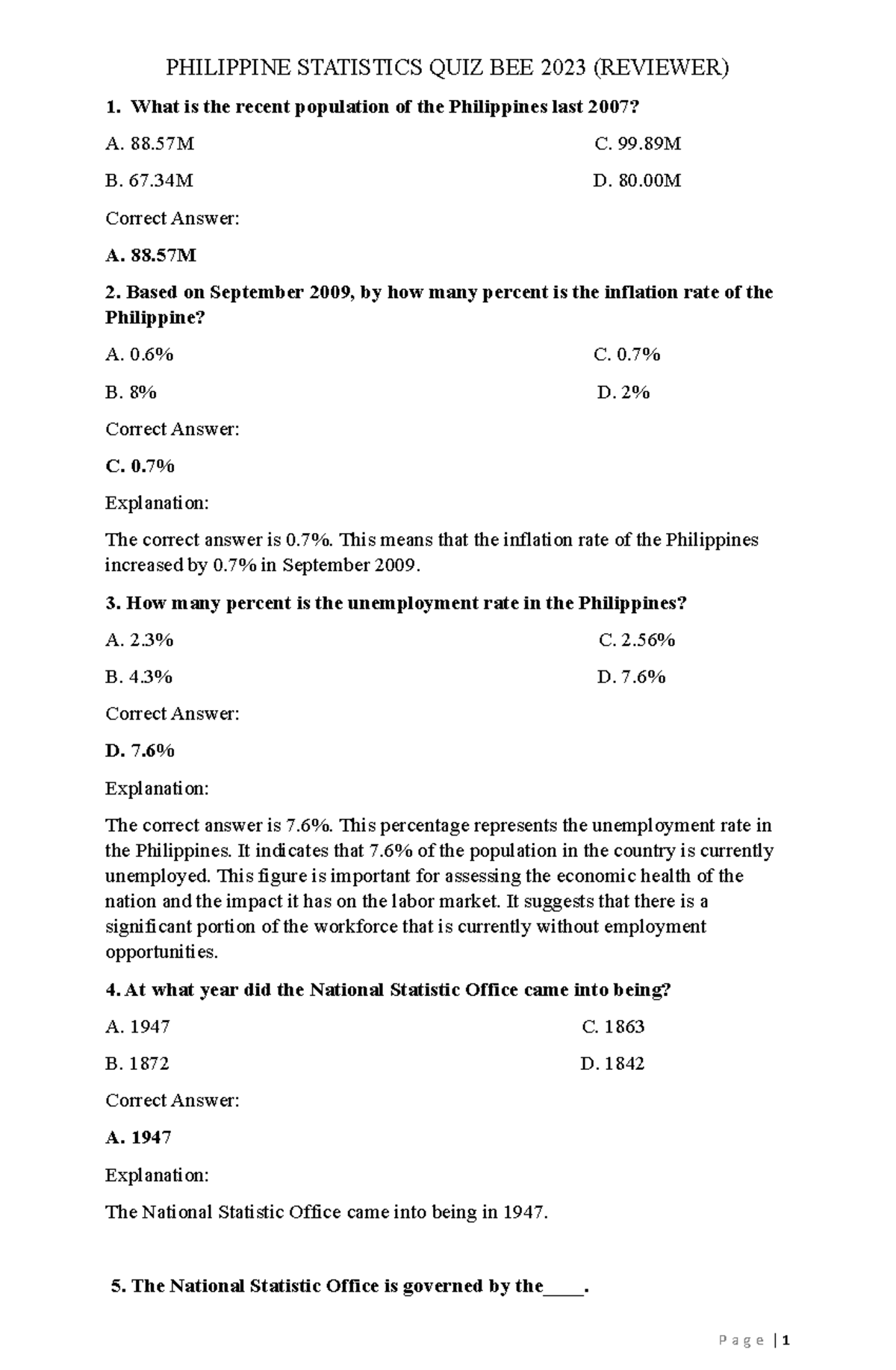 Philippine Statistics QUIZ BEE 2023 Reviewer PHILIPPINE STATISTICS