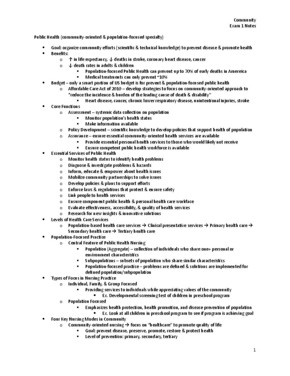 Community Exam 1 Notes - Community Exam 1 Notes Public Health specialty ...