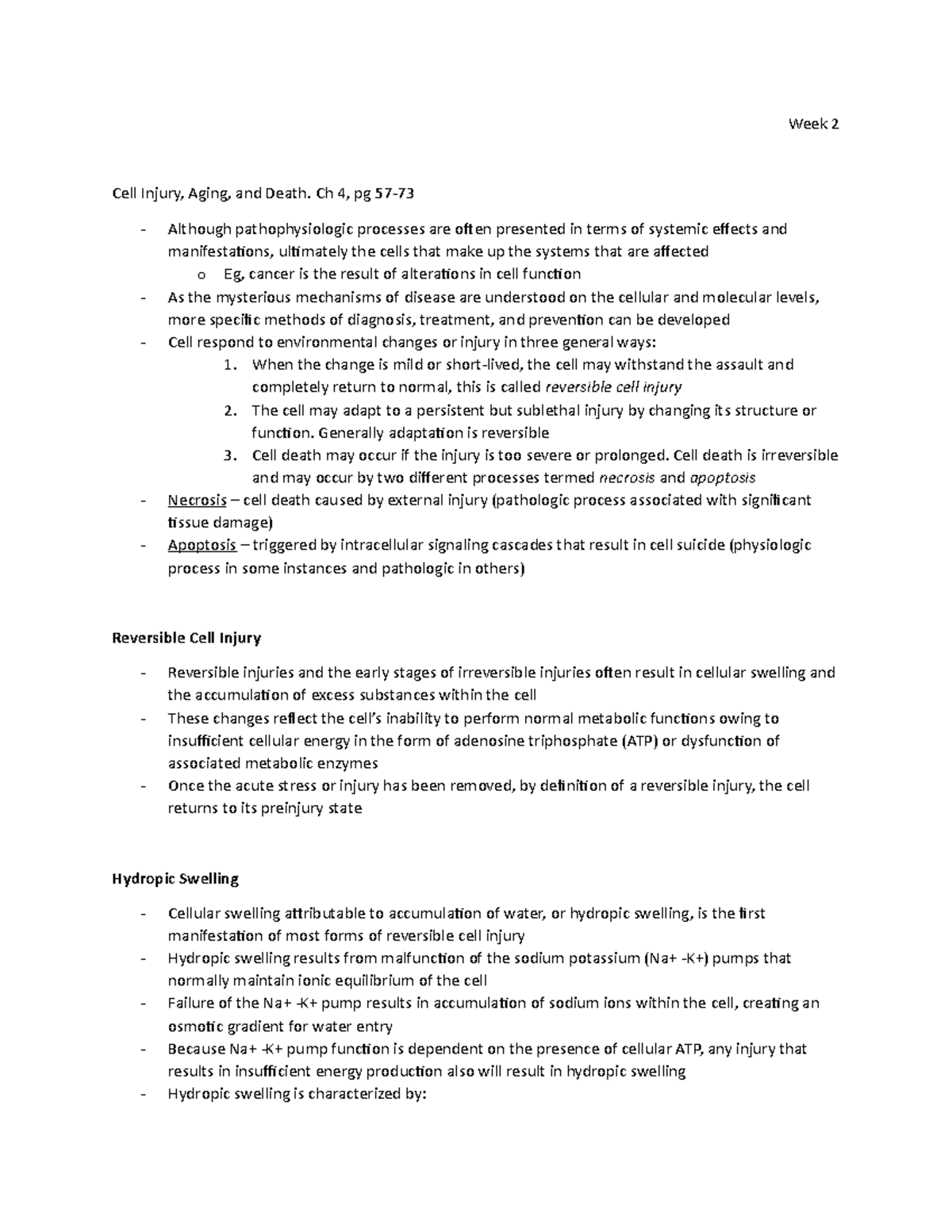 Week 2 - Ch 4 Reading - Pathophysiology - Week 2 Cell Injury, Aging ...