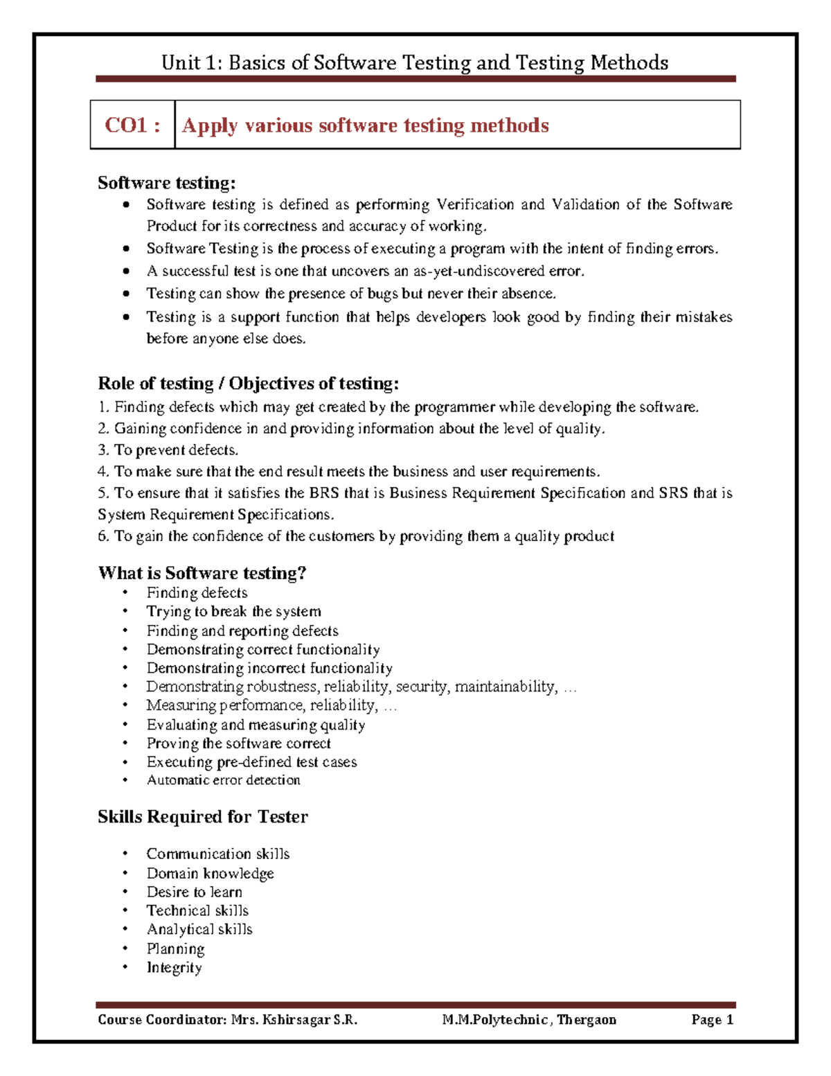 Chapter-1 - ste ch 1 - CO1 : Apply various software testing methods ...