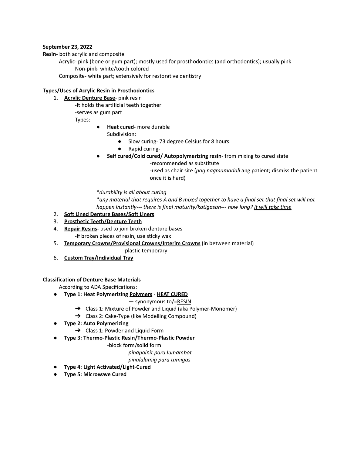 Dental Materials - September 23, 2022 Resin- both acrylic and composite ...