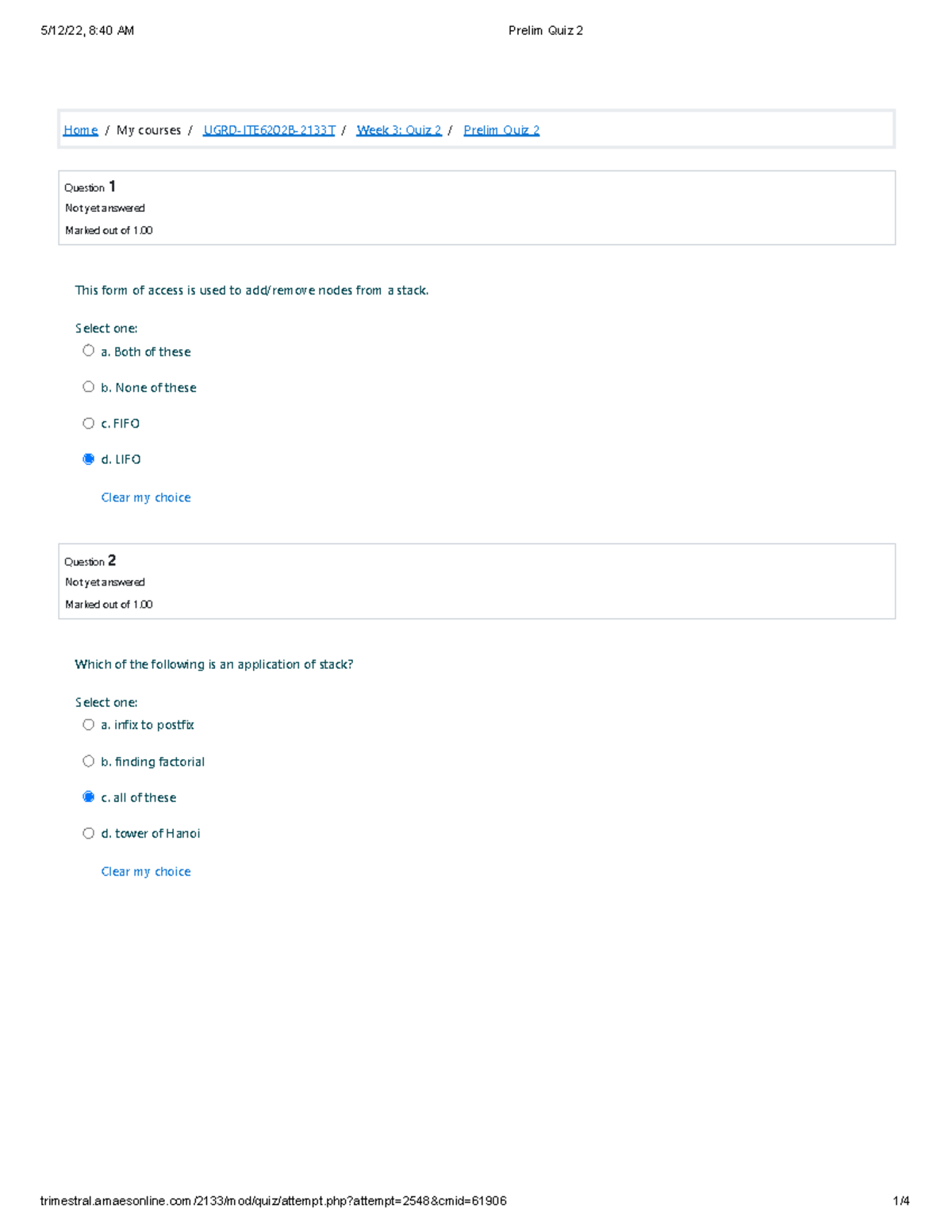 Prelim Quiz 2 UGRD-ITE6202B Data Structures And Algorithms - Home/My ...