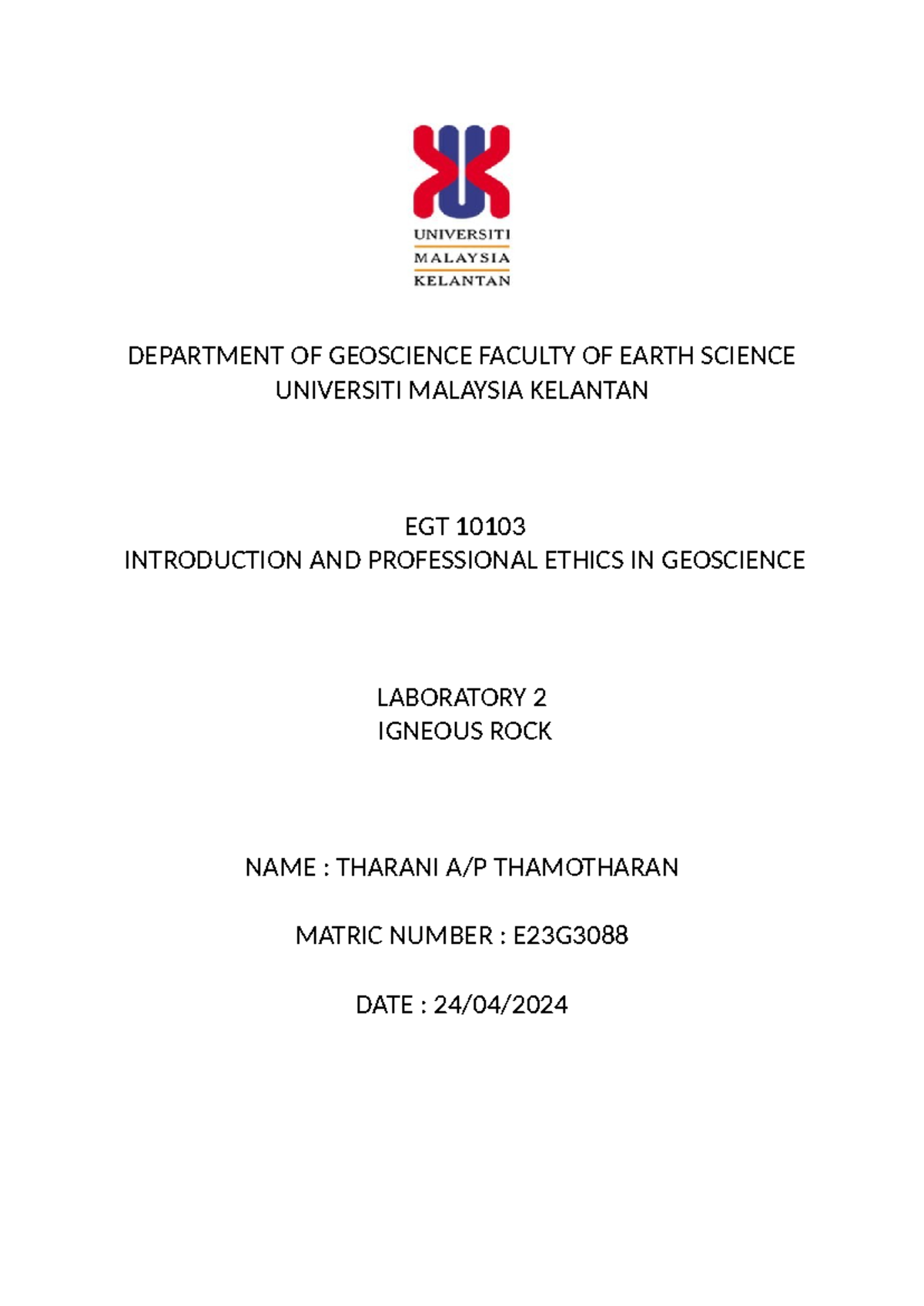 Geosains lab 2 Igneous rock lab report DEPARTMENT OF GEOSCIENCE