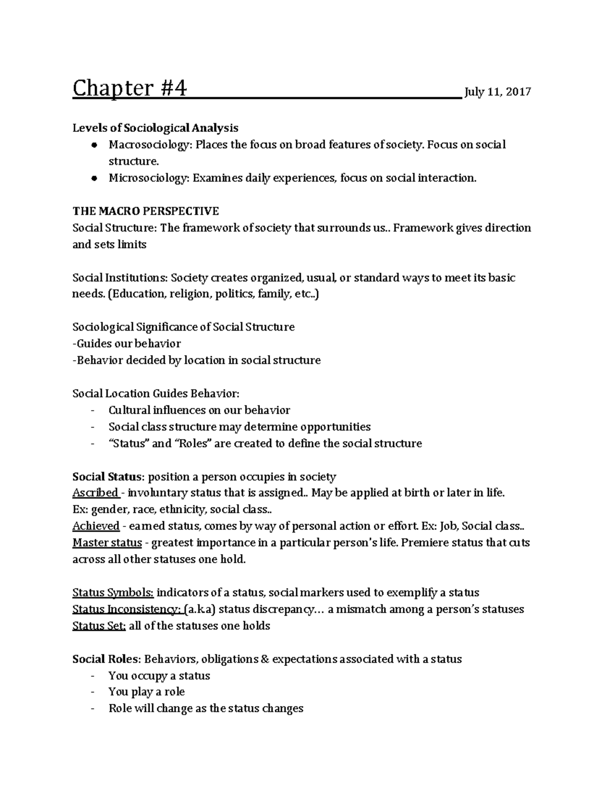 Soc1 Chapter #4 Notes - Chapter #4 ...