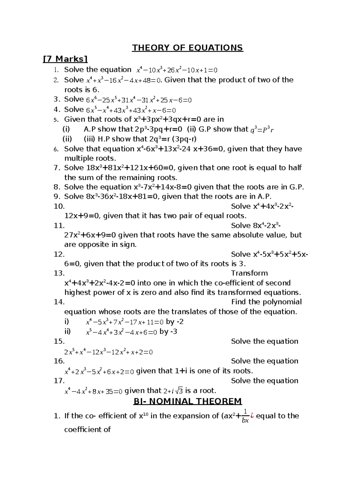 Theory OF Equations AND Binomial Theorem - THEORY OF EQUATIONS [7 Marks ...
