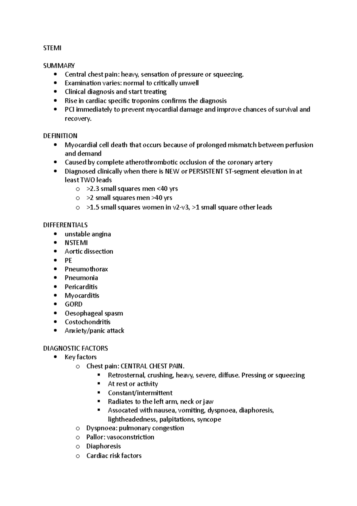 Stemi - STEMI SUMMARY Central chest pain: heavy, sensaion of pressure ...
