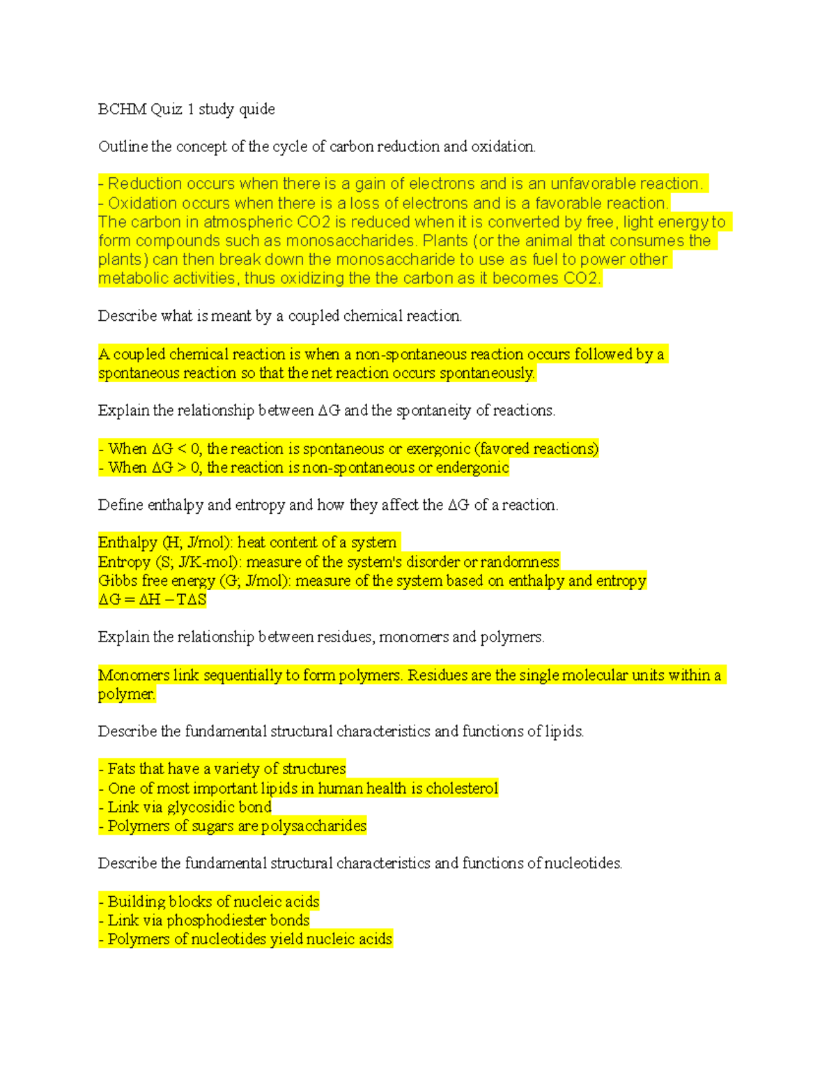 BCHM 307 QUIZ 1 First Quiz Questions BCHM Quiz 1 Study Quide bchm-307-quiz-1-first-quiz-questions-bchm-quiz-1-study-quide