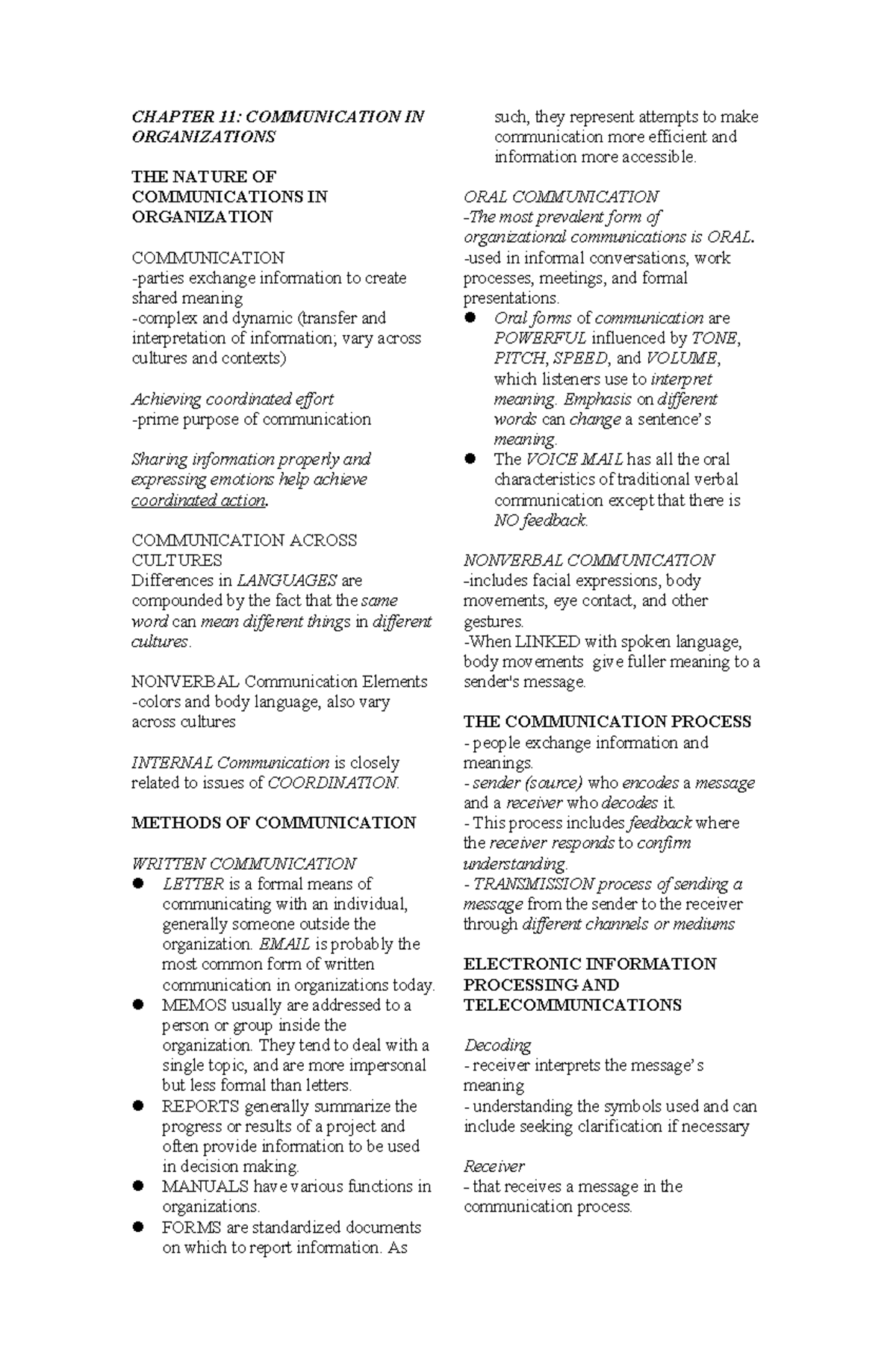 Hbo Chapter 11 Reviewer Chapter 11 Communication In Organizations