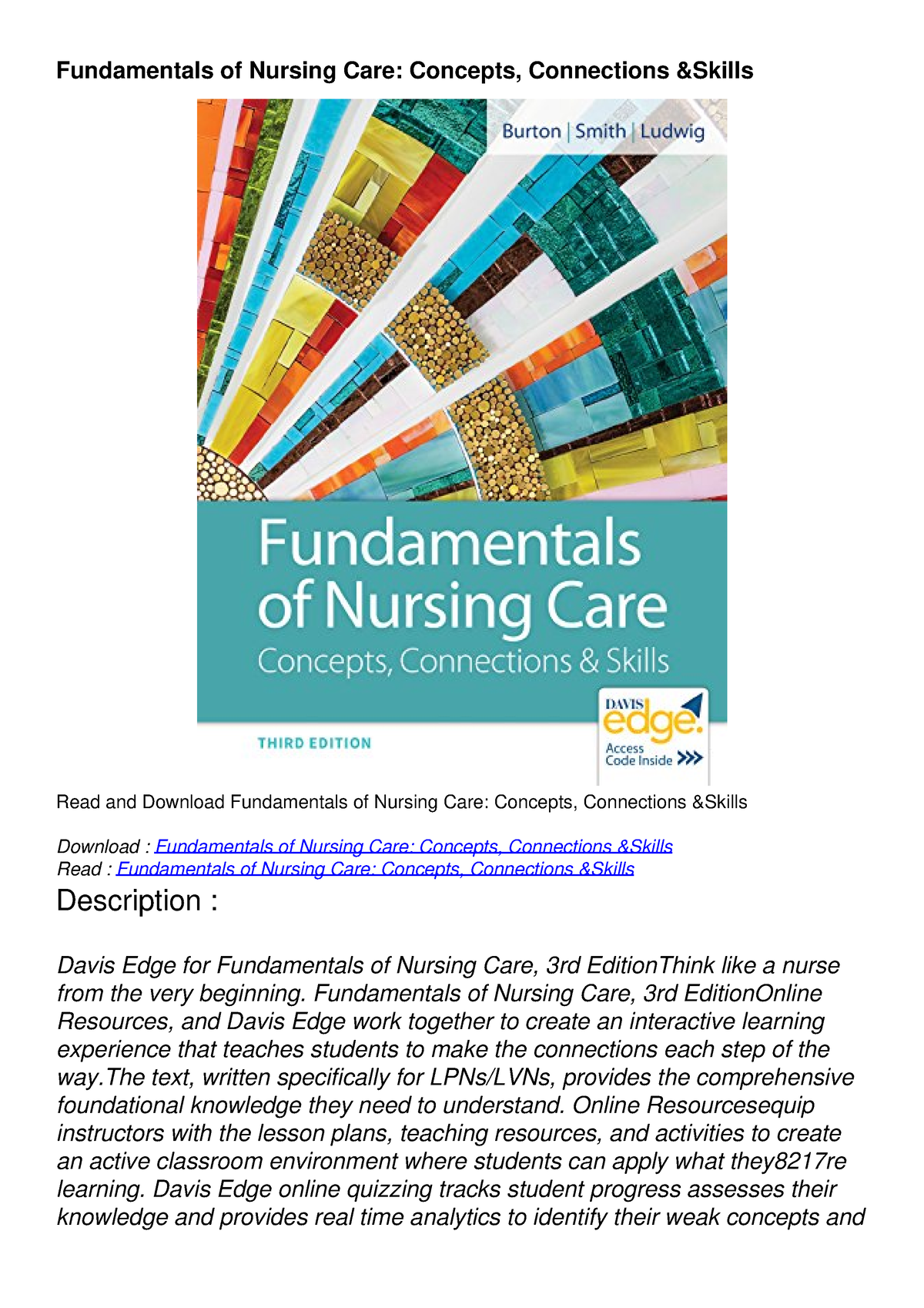 DOWNLOAD/PDF Fundamentals Of Nursing Care: Concepts, Connections Skills ...