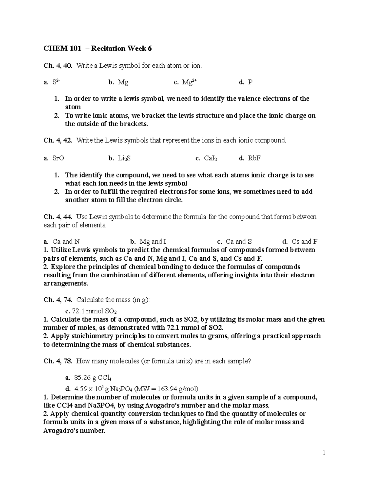 Week 6 - n/a - CHEM 101 – Recitation Week 6 Ch. 4, 40. Write a Lewis ...