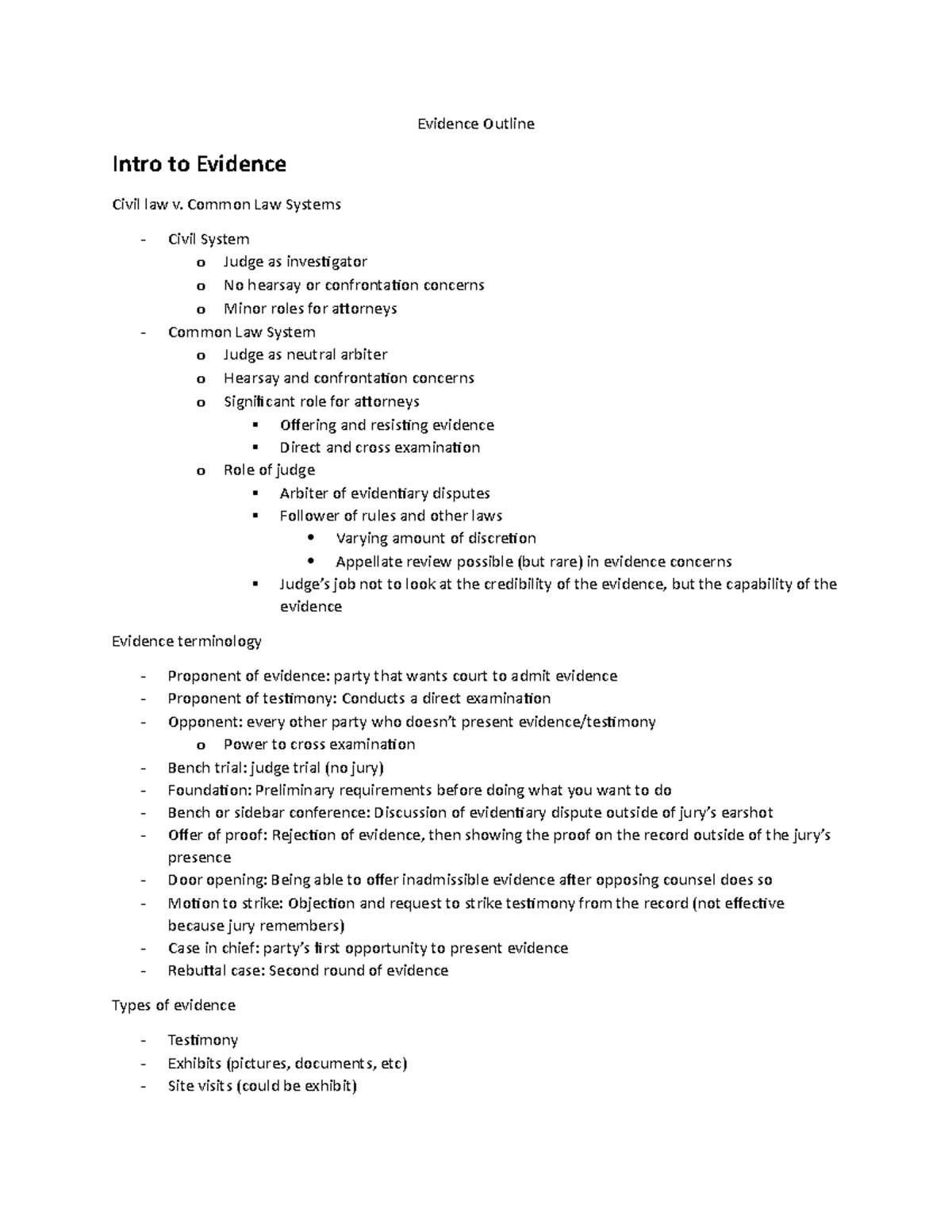 Evidence Outline - CN - Evidence Outline Intro To Evidence Civil Law V ...